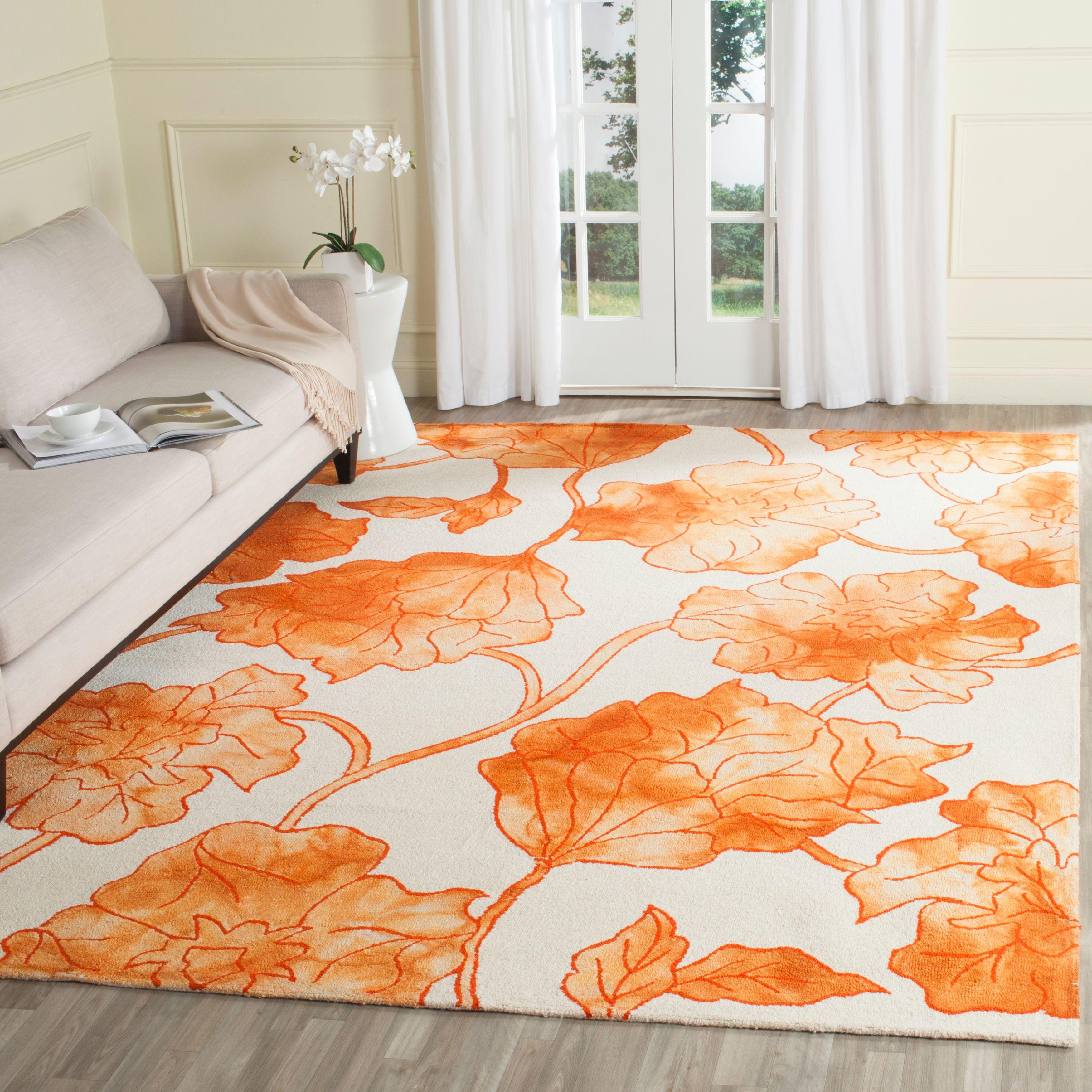 Ivory and Orange Hand-Tufted Wool Floral Square Rug