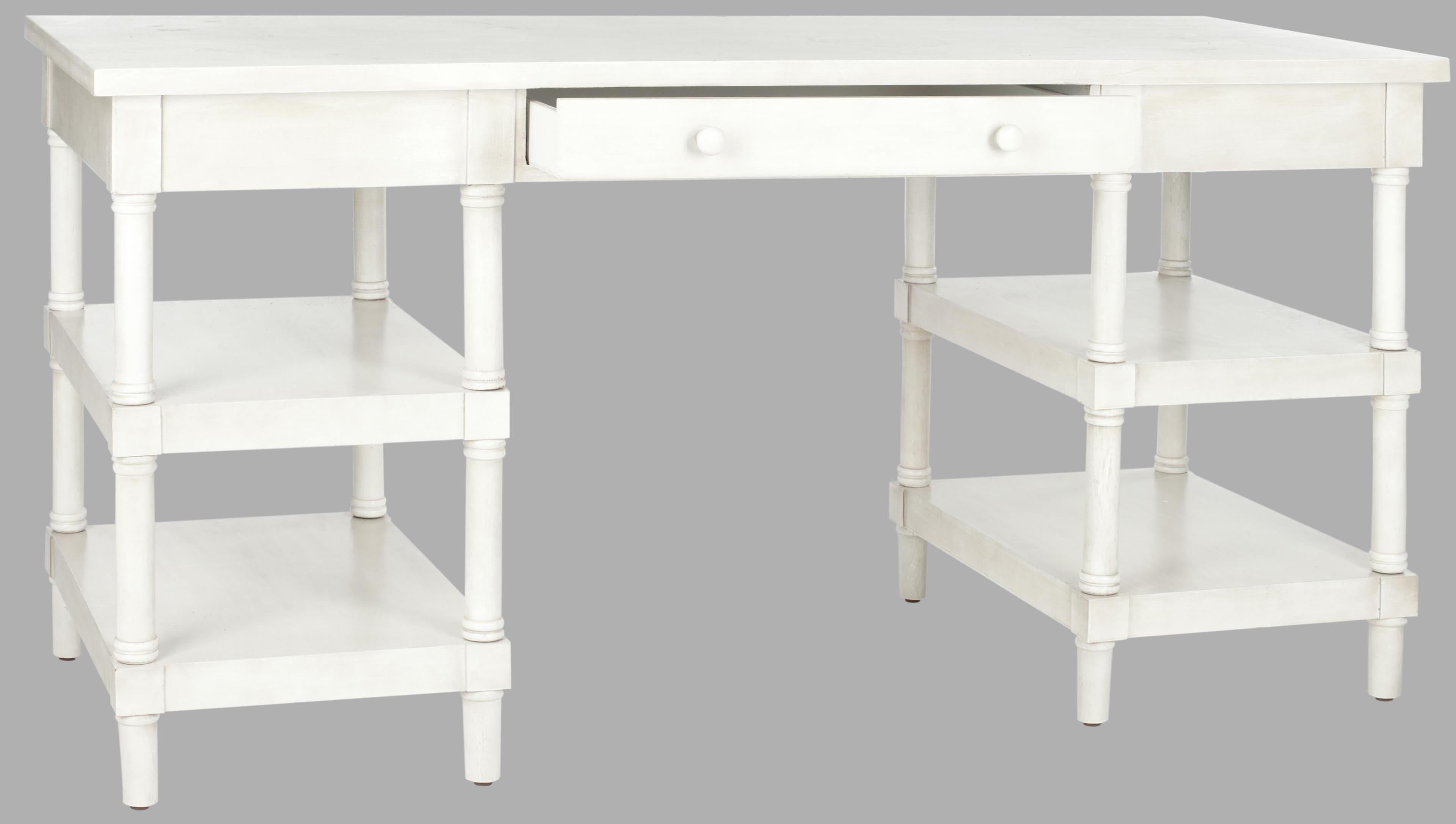 White Washed Wood Writing Desk with Drawer and Shelves