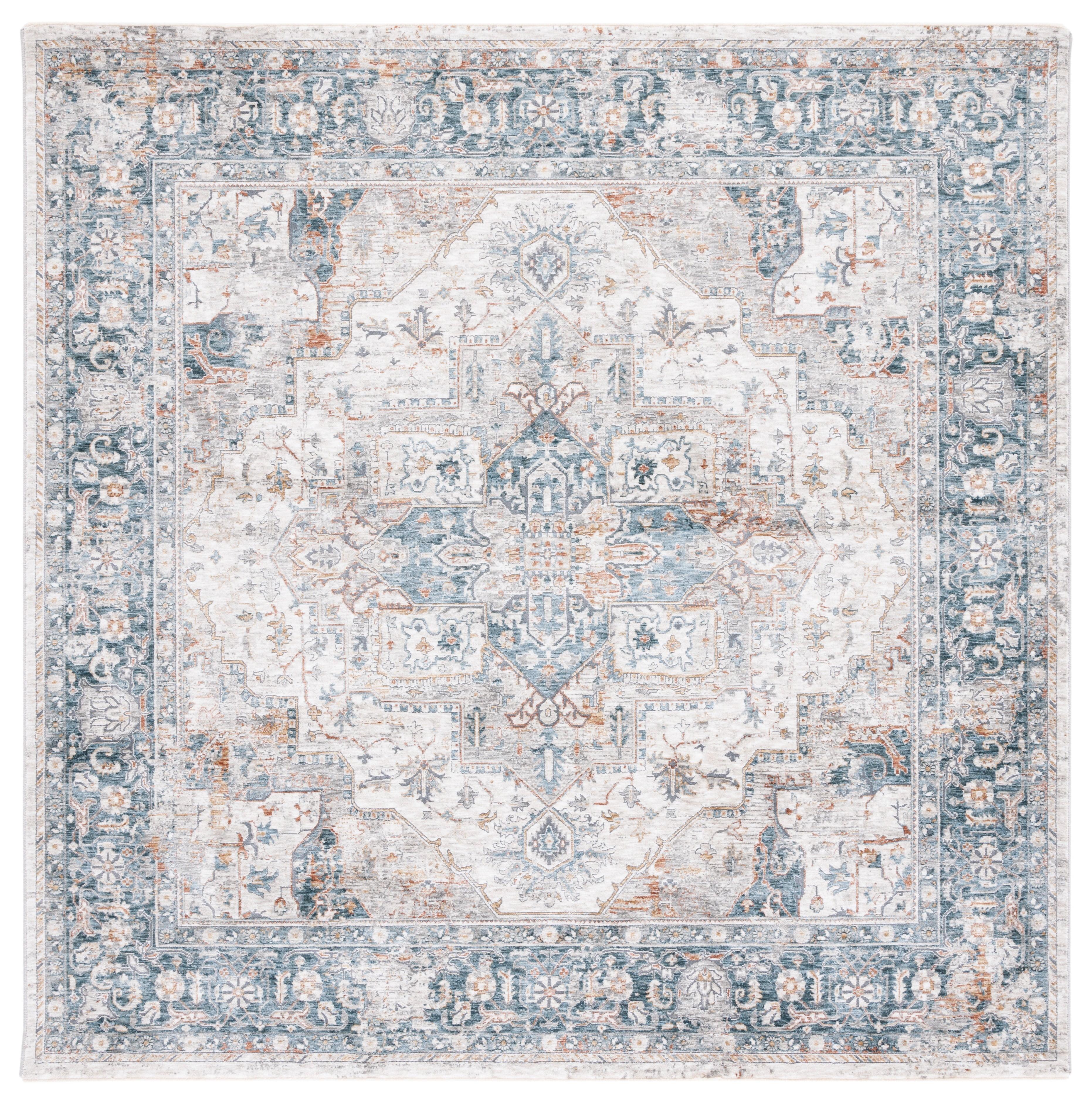 Ivory and Light Blue Square Hand-Knotted Wool Area Rug