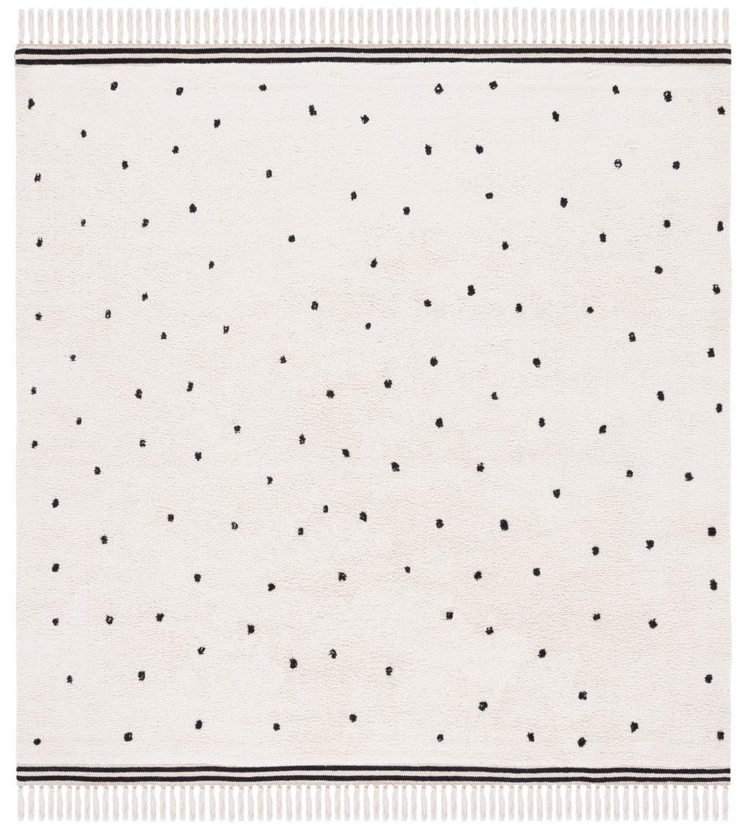 Ivory and Black Cotton Polka Dot Washable Square Rug, 6' x 6'