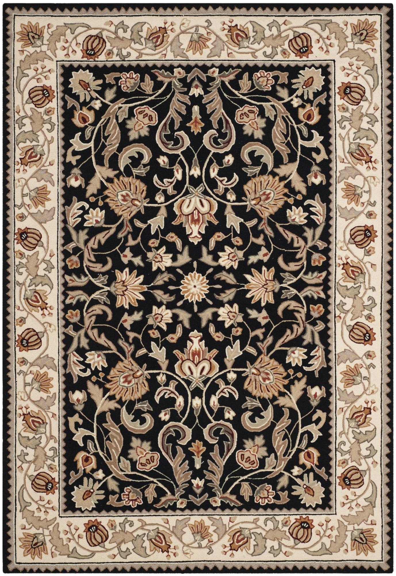 Black and Ivory Floral Hand-Hooked Rectangular Area Rug