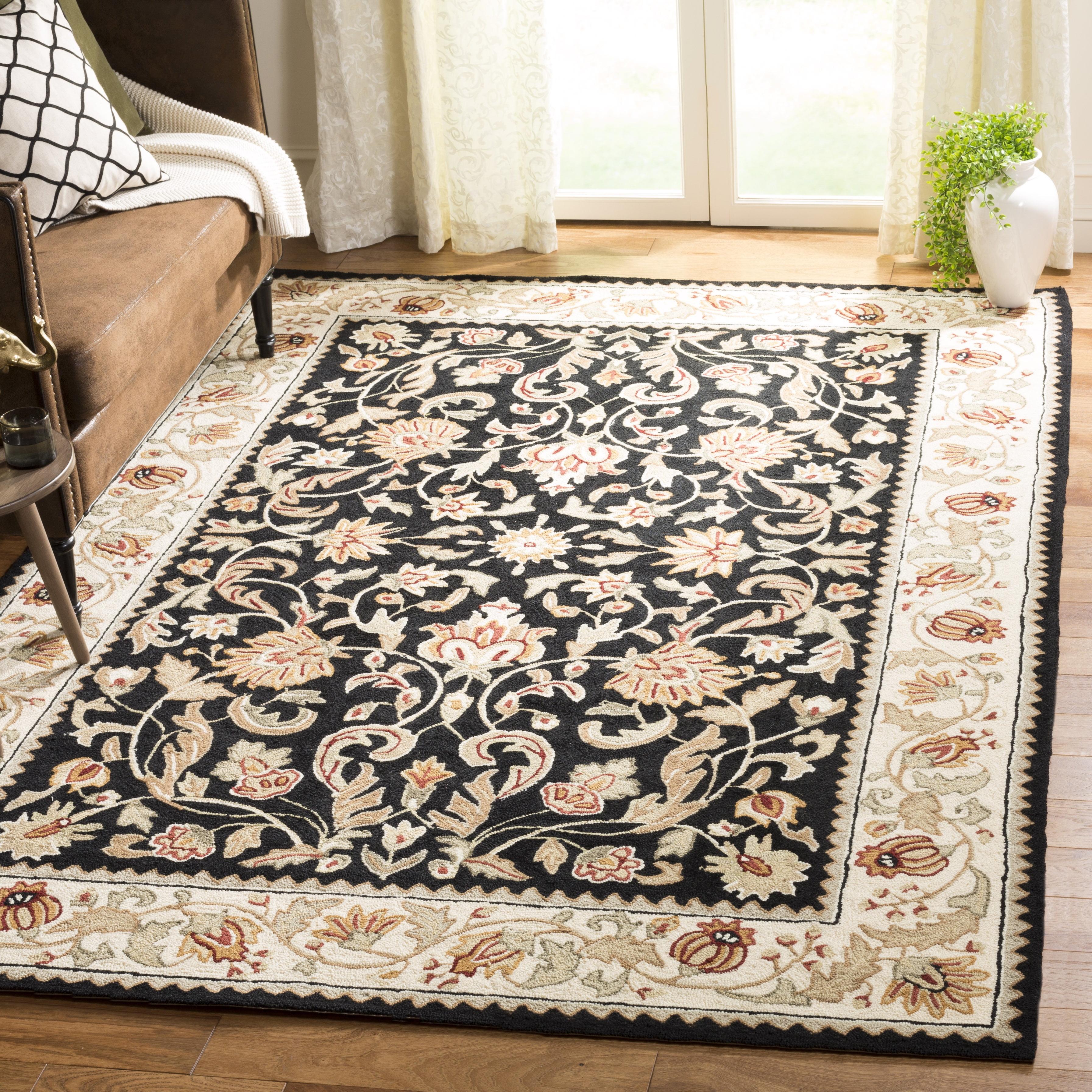 Floral Elegance Reversible Black/Ivory Synthetic Area Rug, 9' x 12'