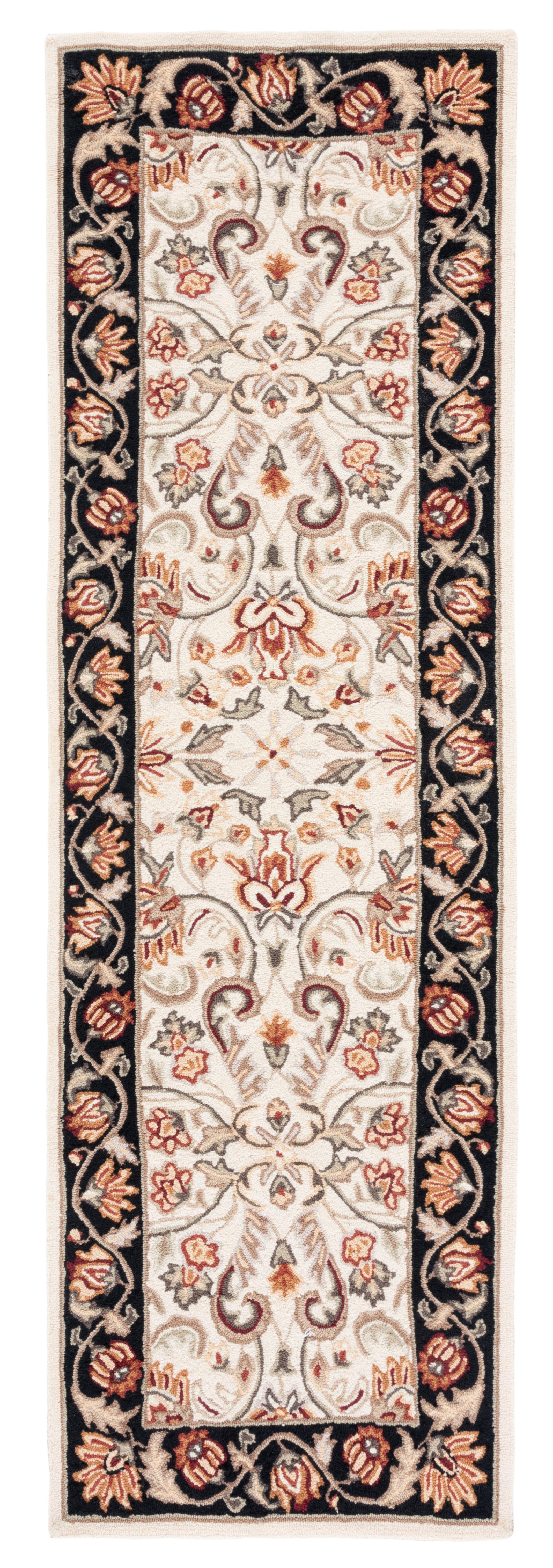 Ivory and Black Hand-Hooked Synthetic Runner Rug