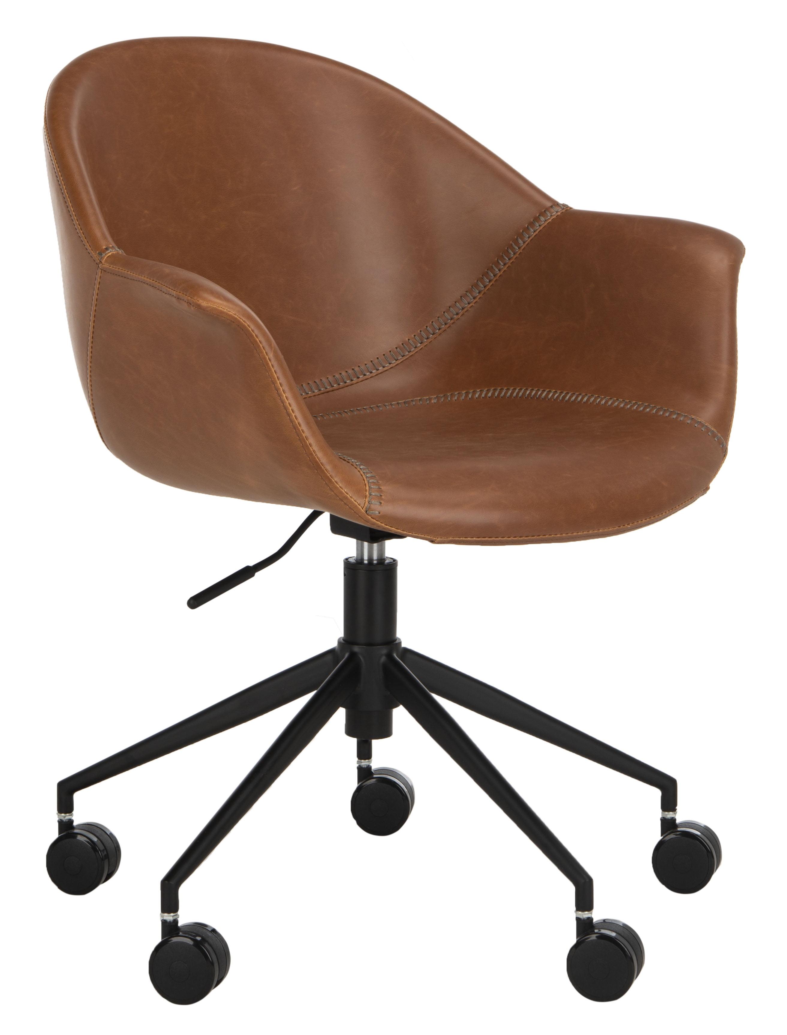 Transitional Ember Swivel Task Chair in Light Brown Leather and Black Wood