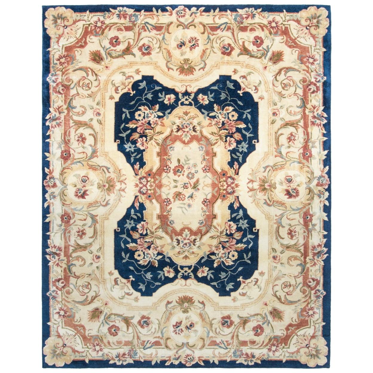 Regal Bloom Hand-Tufted Wool Area Rug in Navy & Beige - 7'6" x 9'6"