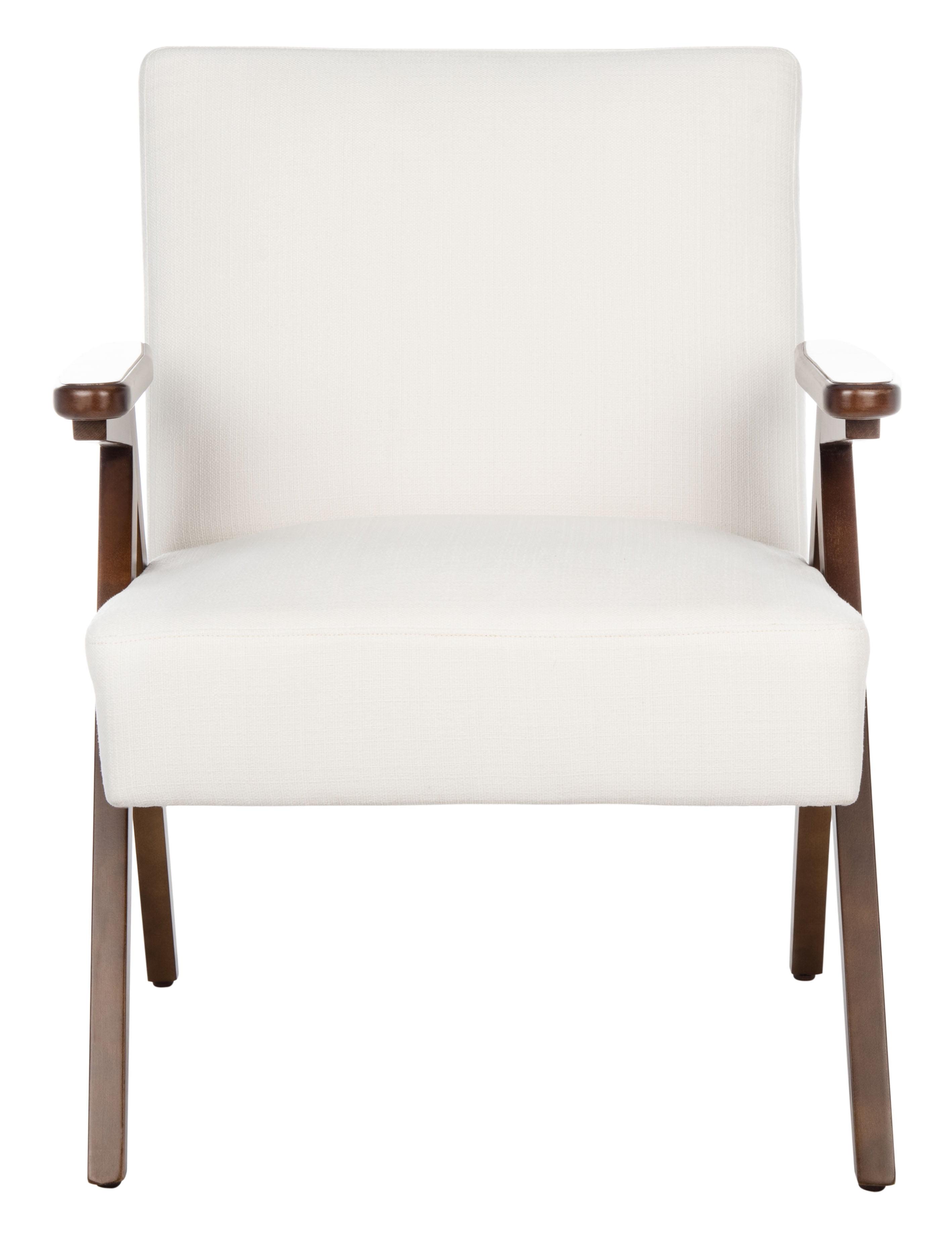 White Linen and Walnut Wood Arm Accent Chair