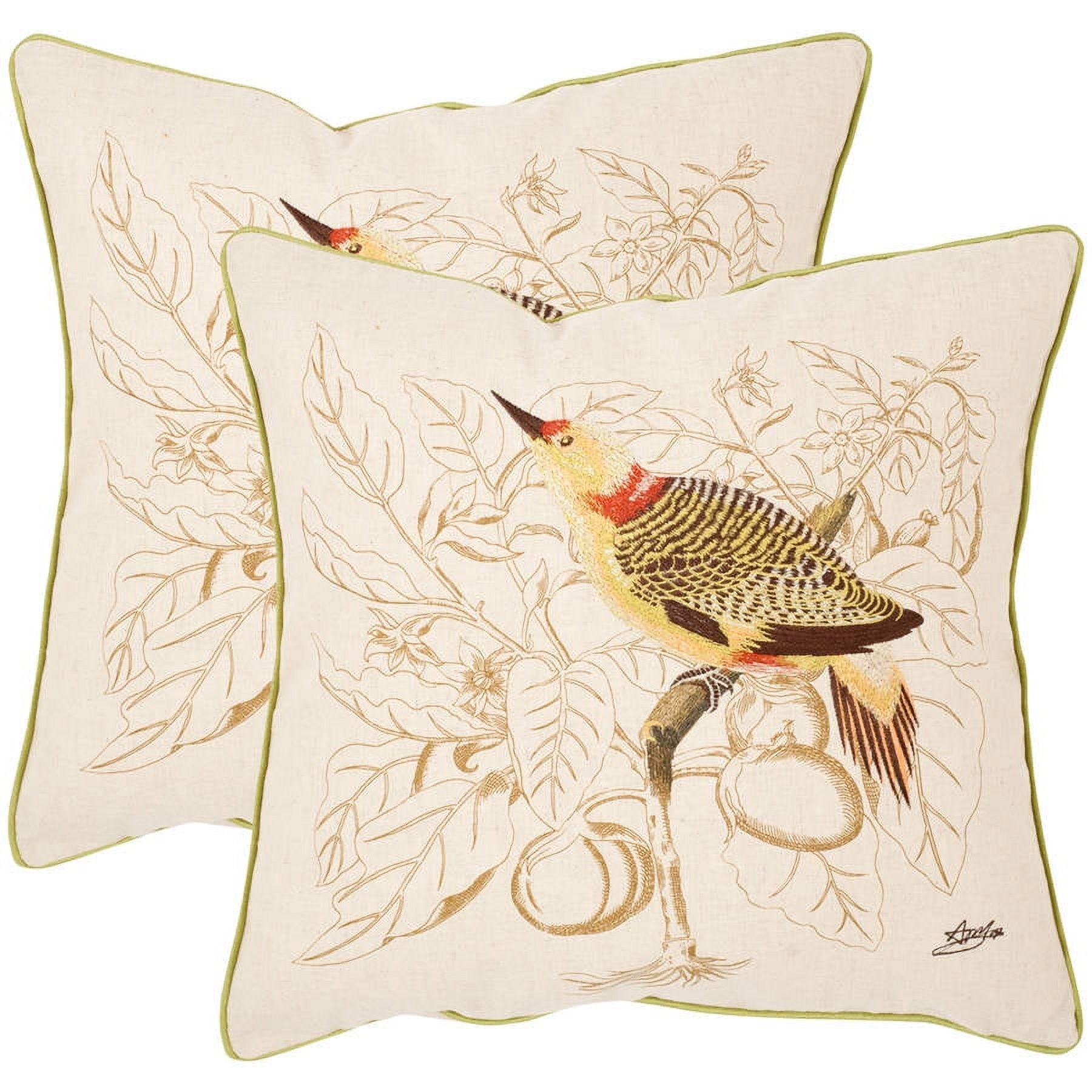 Cream Cotton and Linen Embroidered Bird Throw Pillow Set