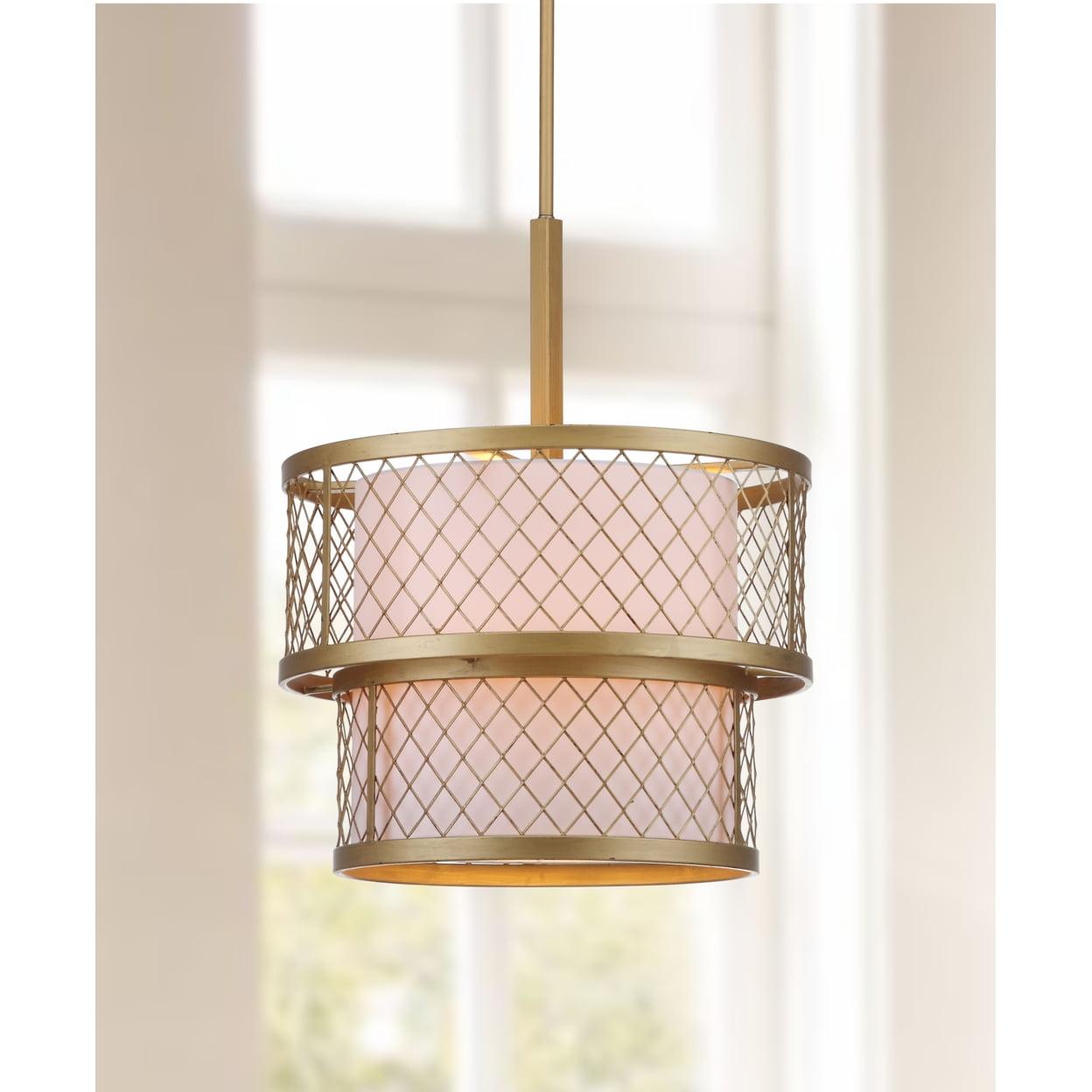 Contemporary Gold Mesh Drum Pendant Light with White Shade