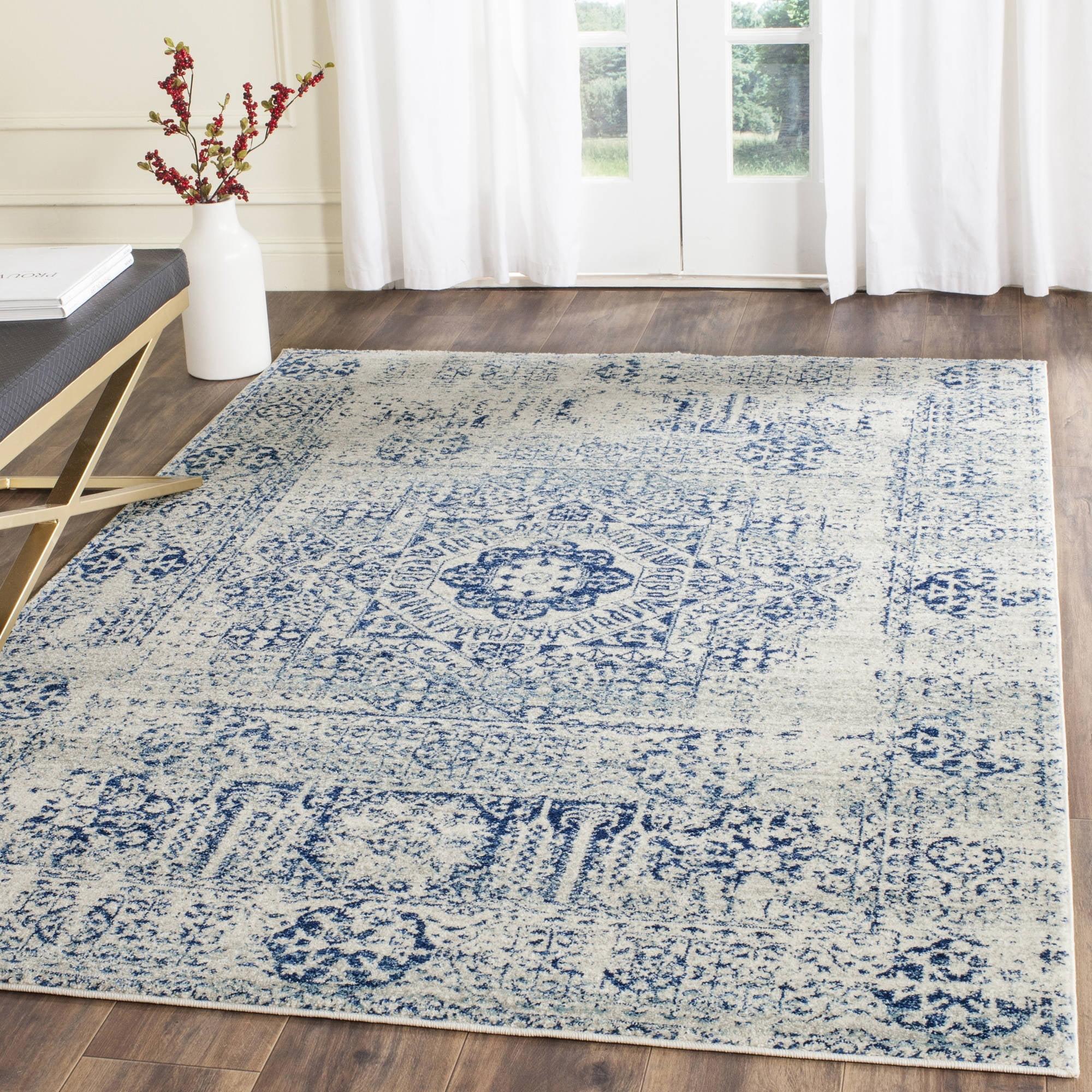 Ivory and Blue High Pile Synthetic Area Rug