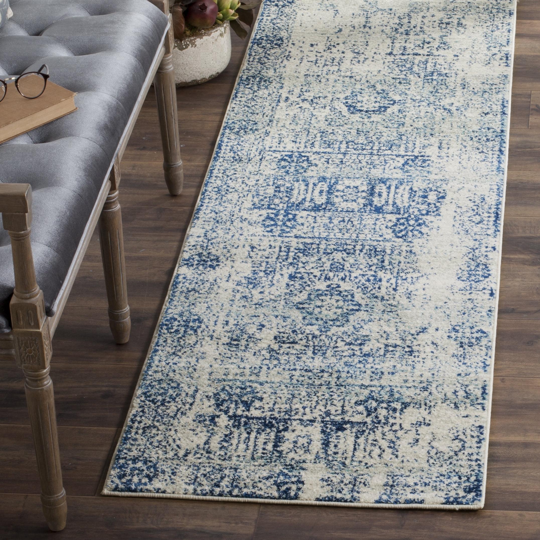 Ivory Blue Elegance 2'2" x 5' Synthetic Easy-Care Runner Rug