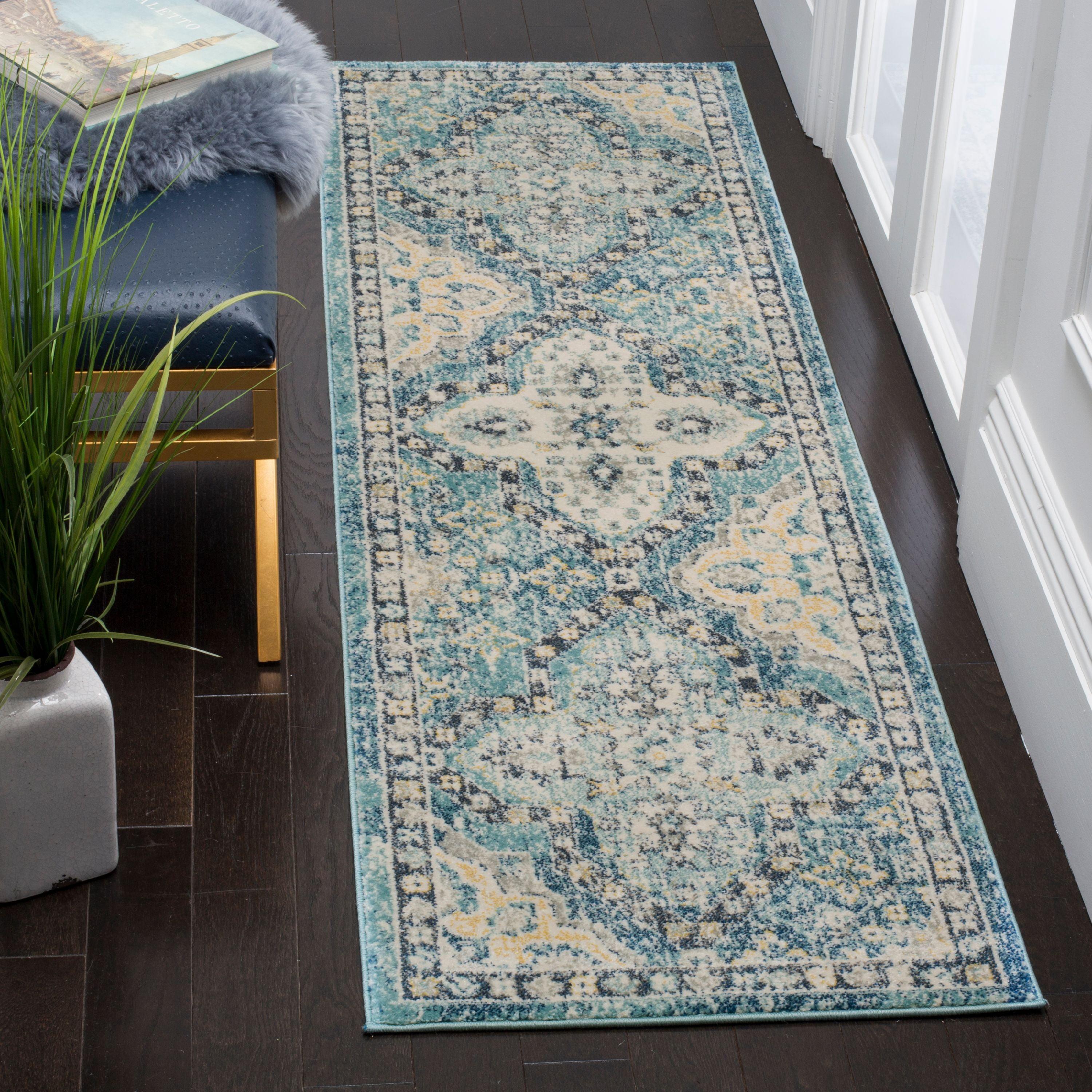 Light Blue and Ivory Synthetic Runner Rug