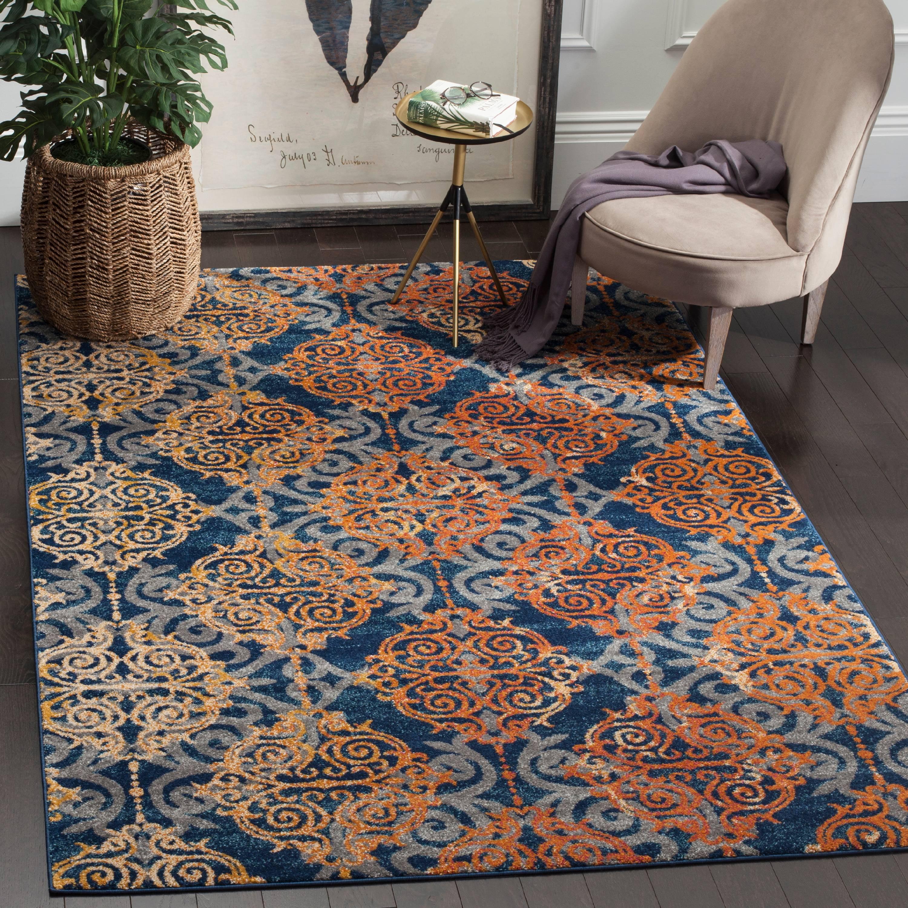 Hand-Knotted Blue and Orange High Pile Area Rug