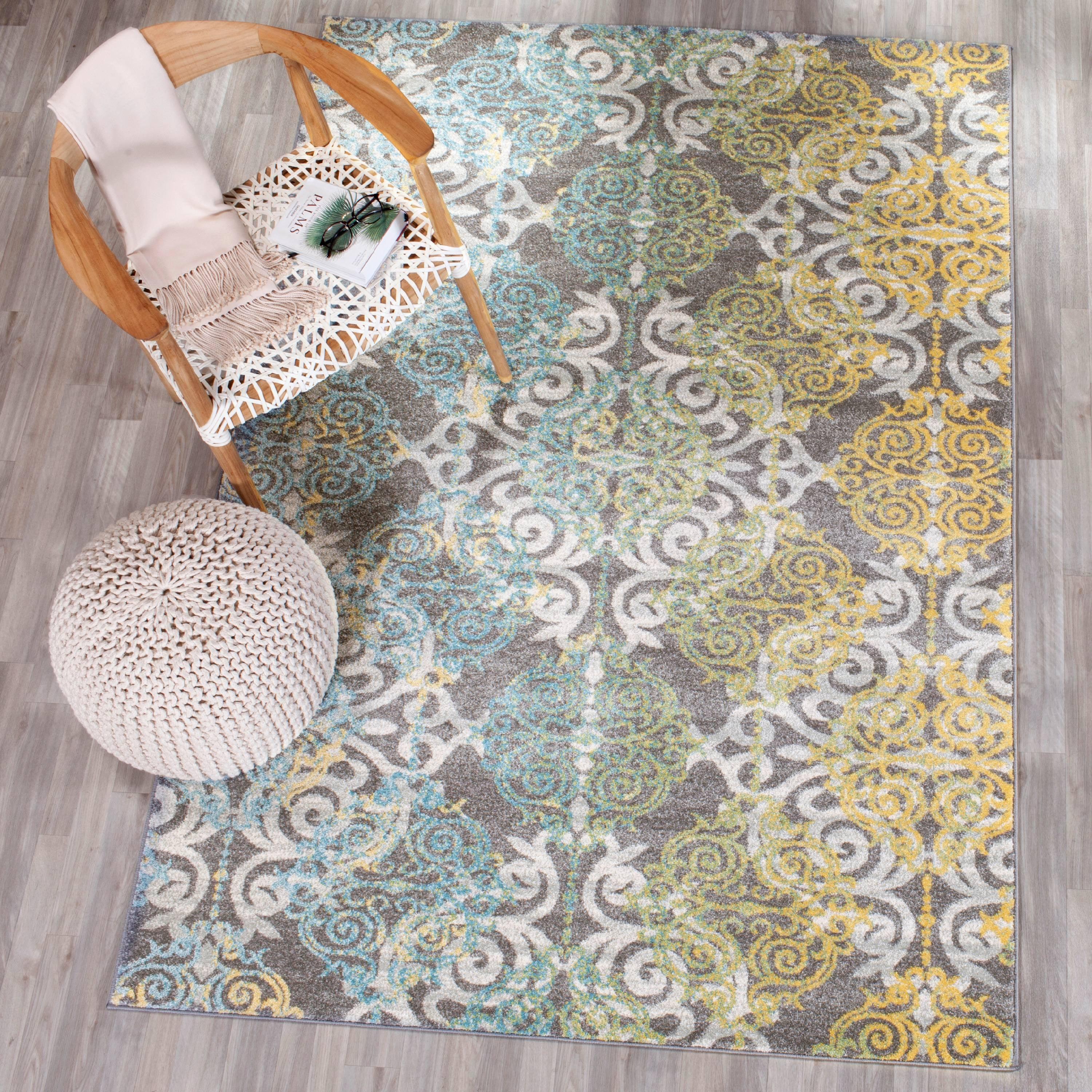 Gray and Ivory High Pile Synthetic Area Rug