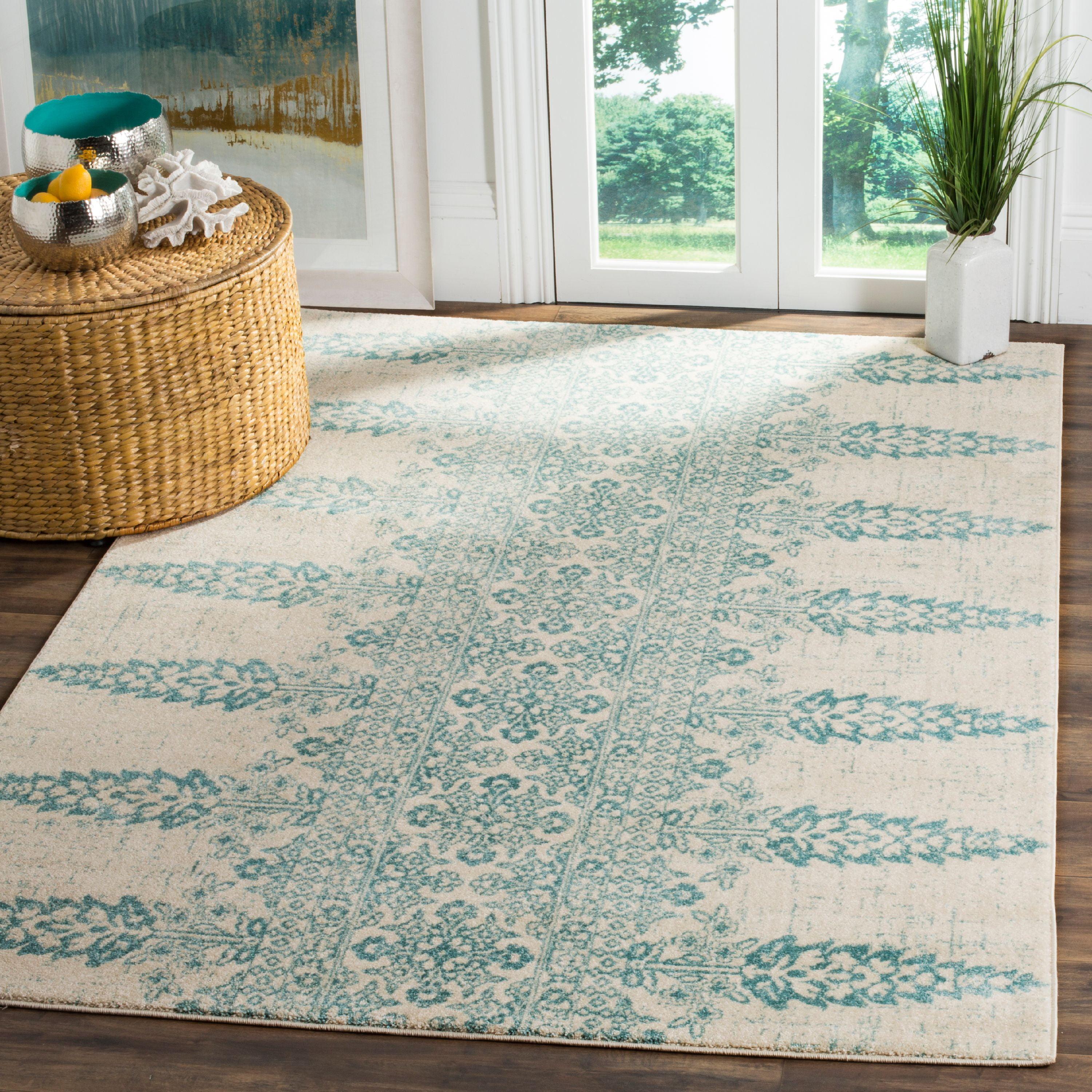 Ivory and Teal High Pile Boho Chic Runner Rug