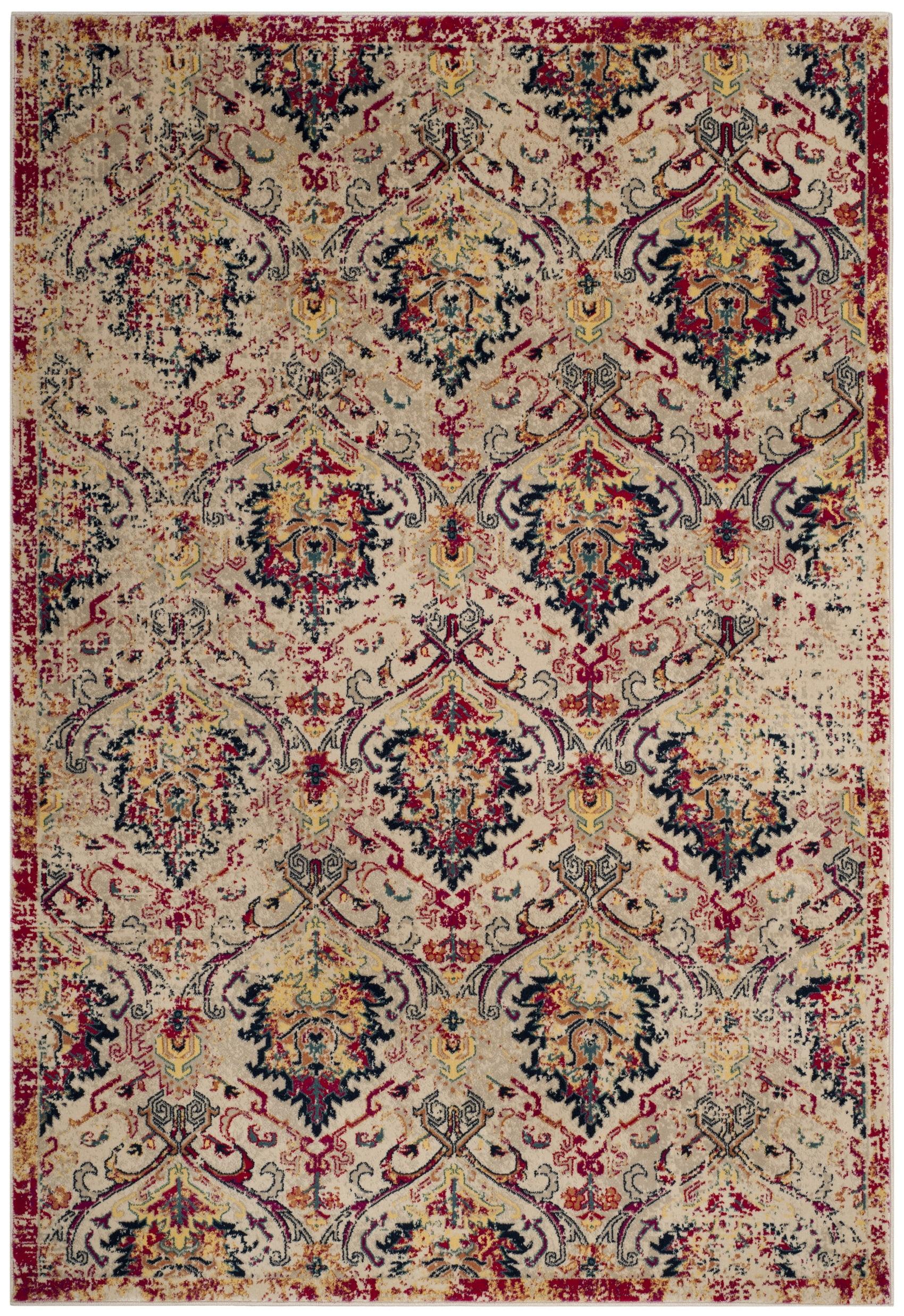 Ivory and Fuchsia Damask Patterned 4' x 6' Area Rug