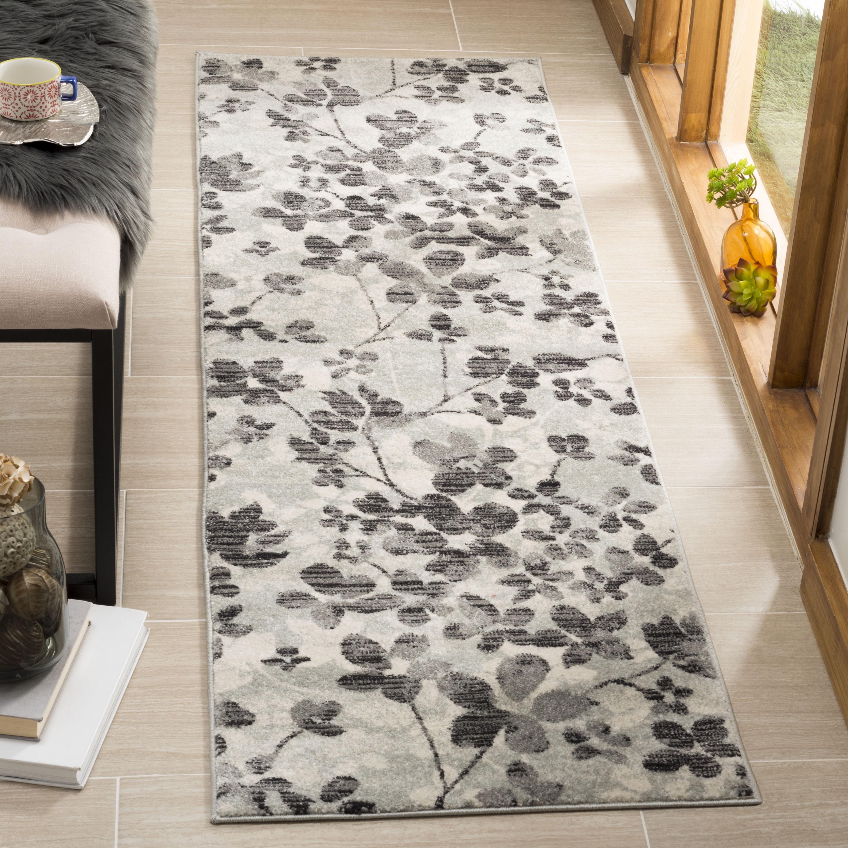 Evoke Grey/Black Floral Non-Shedding 2'2" x 7' Runner Rug