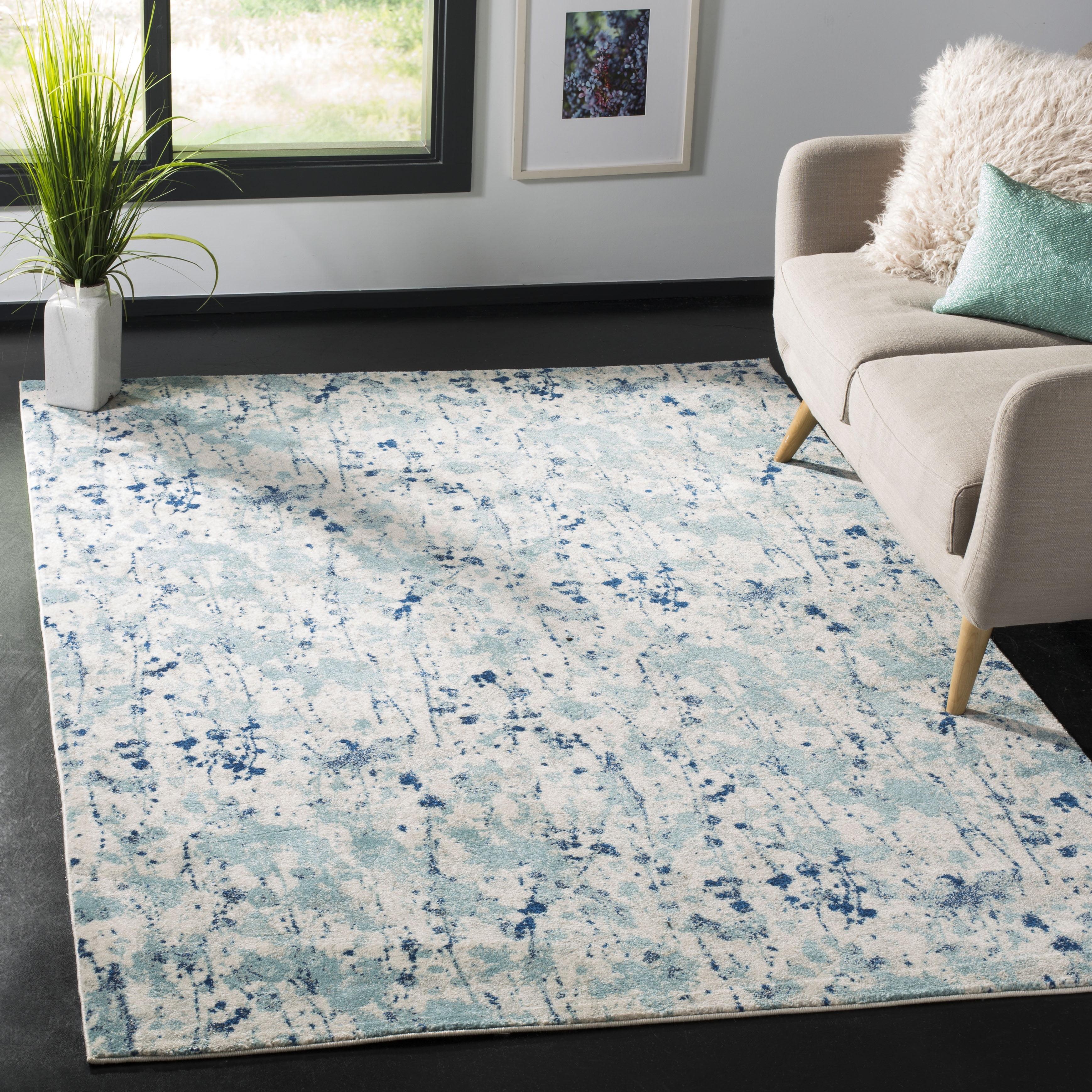 Ivory and Blue Speckled Print Square Synthetic Area Rug