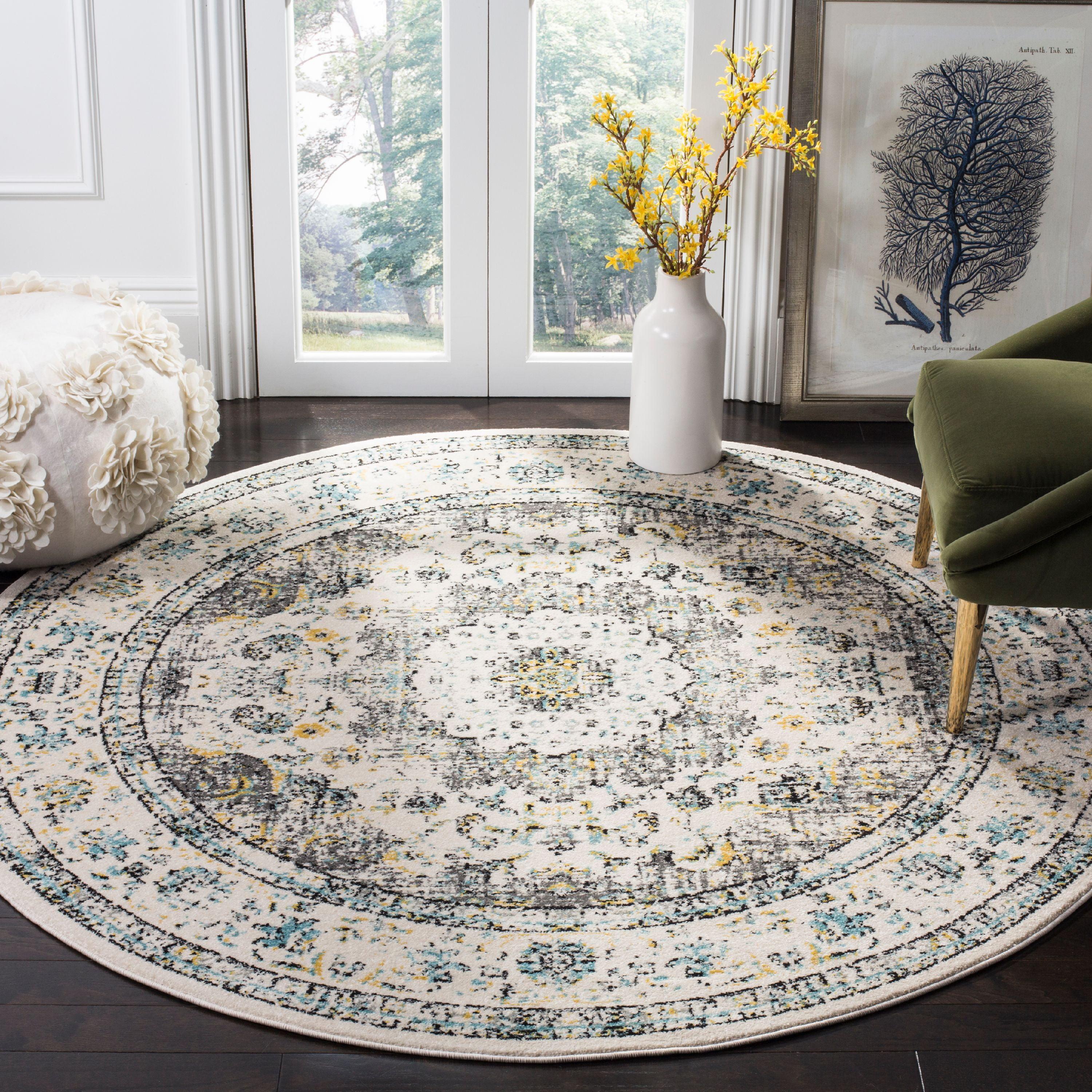 Chic Elegance 9' Round Grey and Gold Easy-Care Area Rug