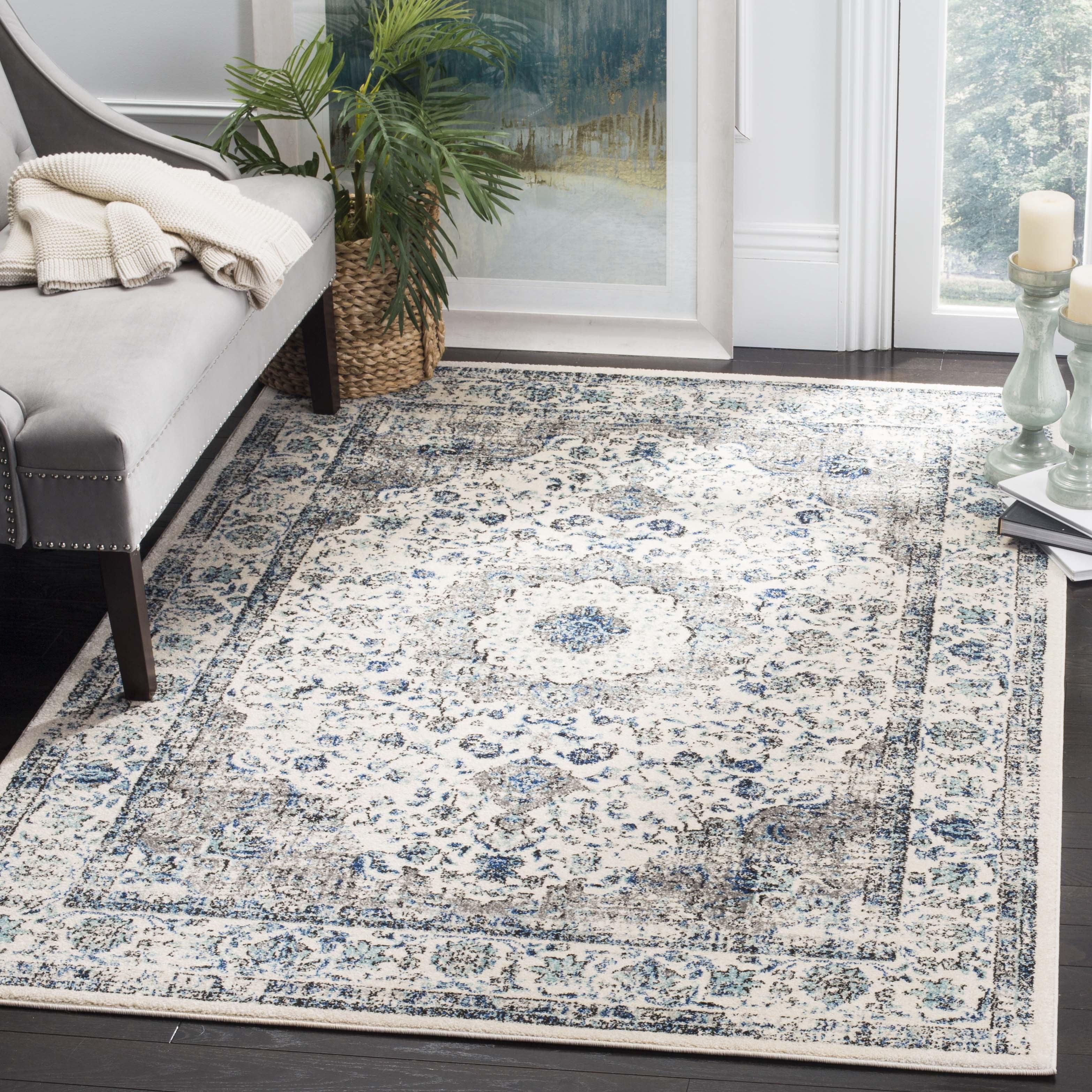 Chic Elegance 9' Square Grey & Ivory Floral Synthetic Area Rug