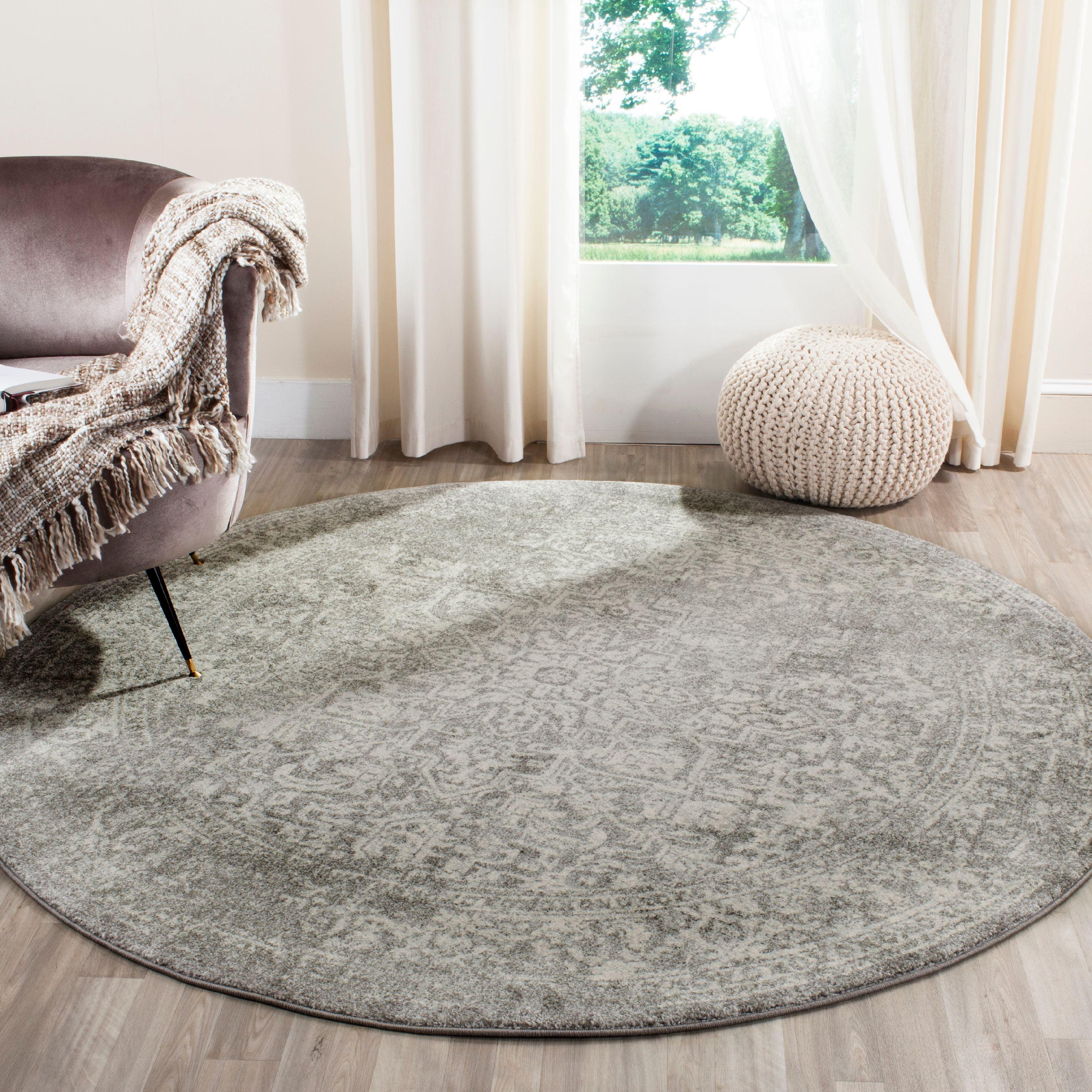 Silver and Ivory Round Synthetic Reversible Area Rug