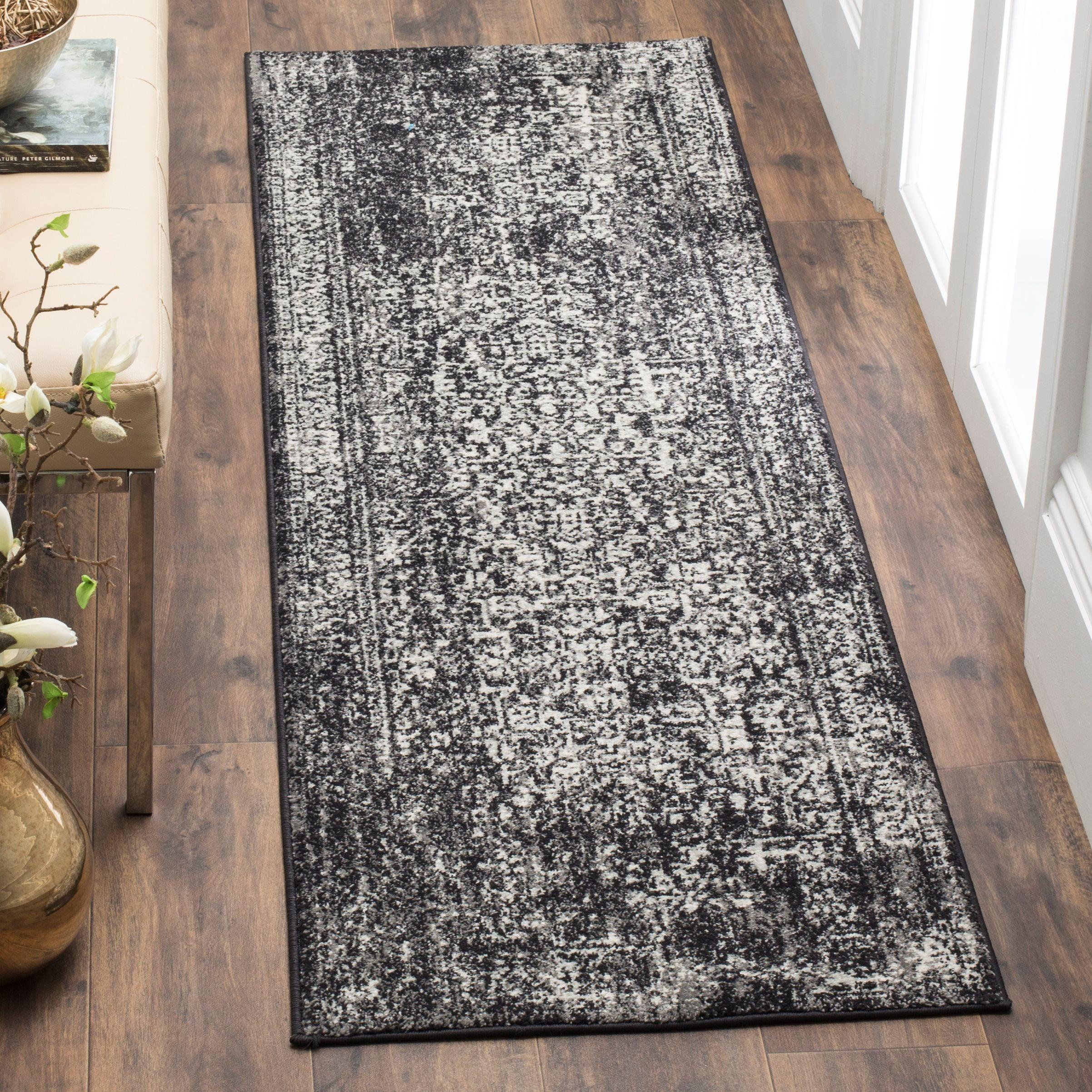 Transitional Black/Grey Synthetic 2'2" x 9' Easy-Care Runner Rug