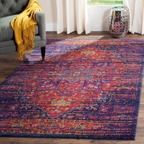 Blue and Fuchsia High Pile Round Boho-Chic Area Rug