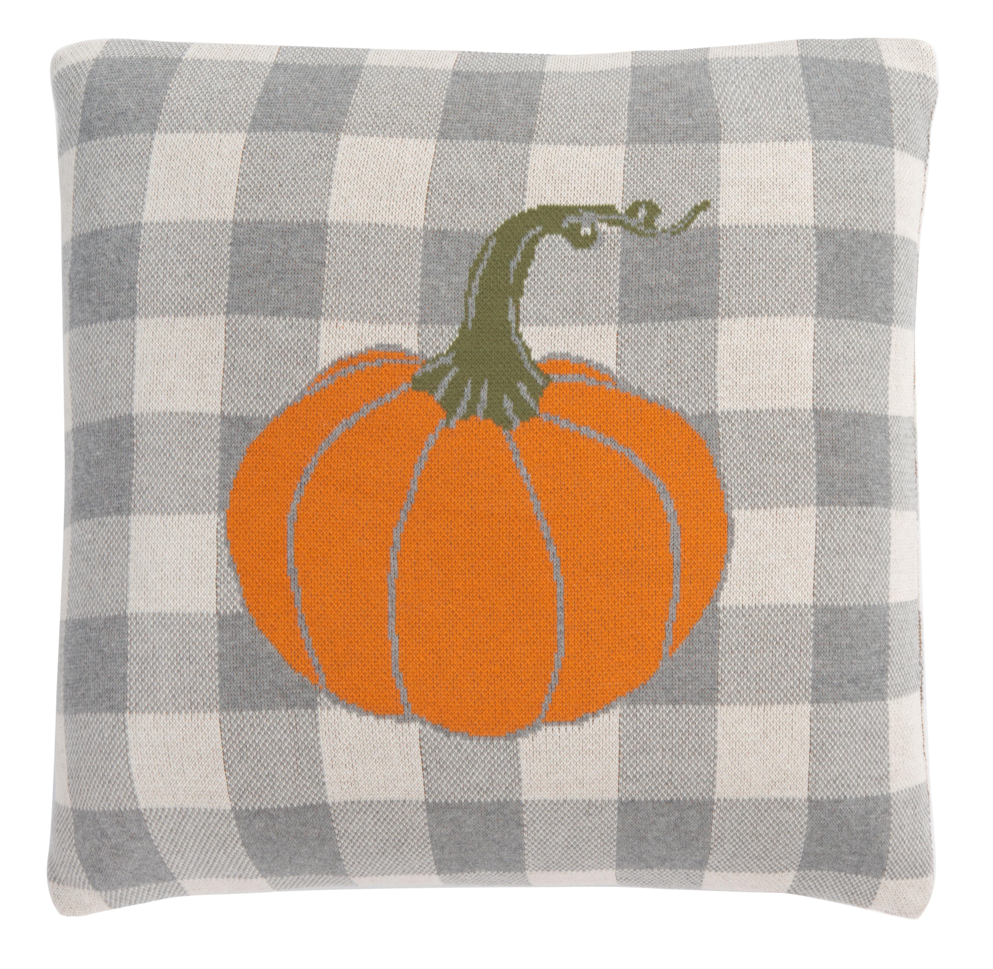 Grey and Orange Checkered Fall Pumpkin Pillow 21" x 21"