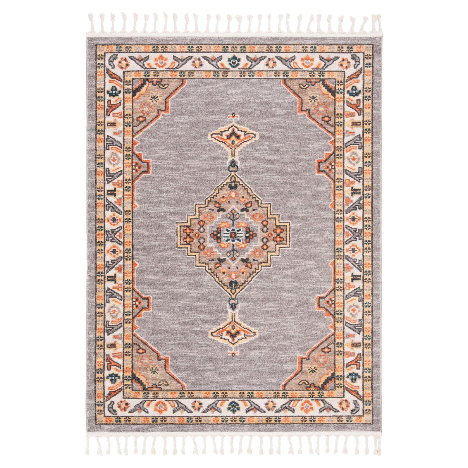 SAFAVIEH Farmhouse Arline Aztec Fringe Area Rug, Grey/Orange, 4' x 5'4"