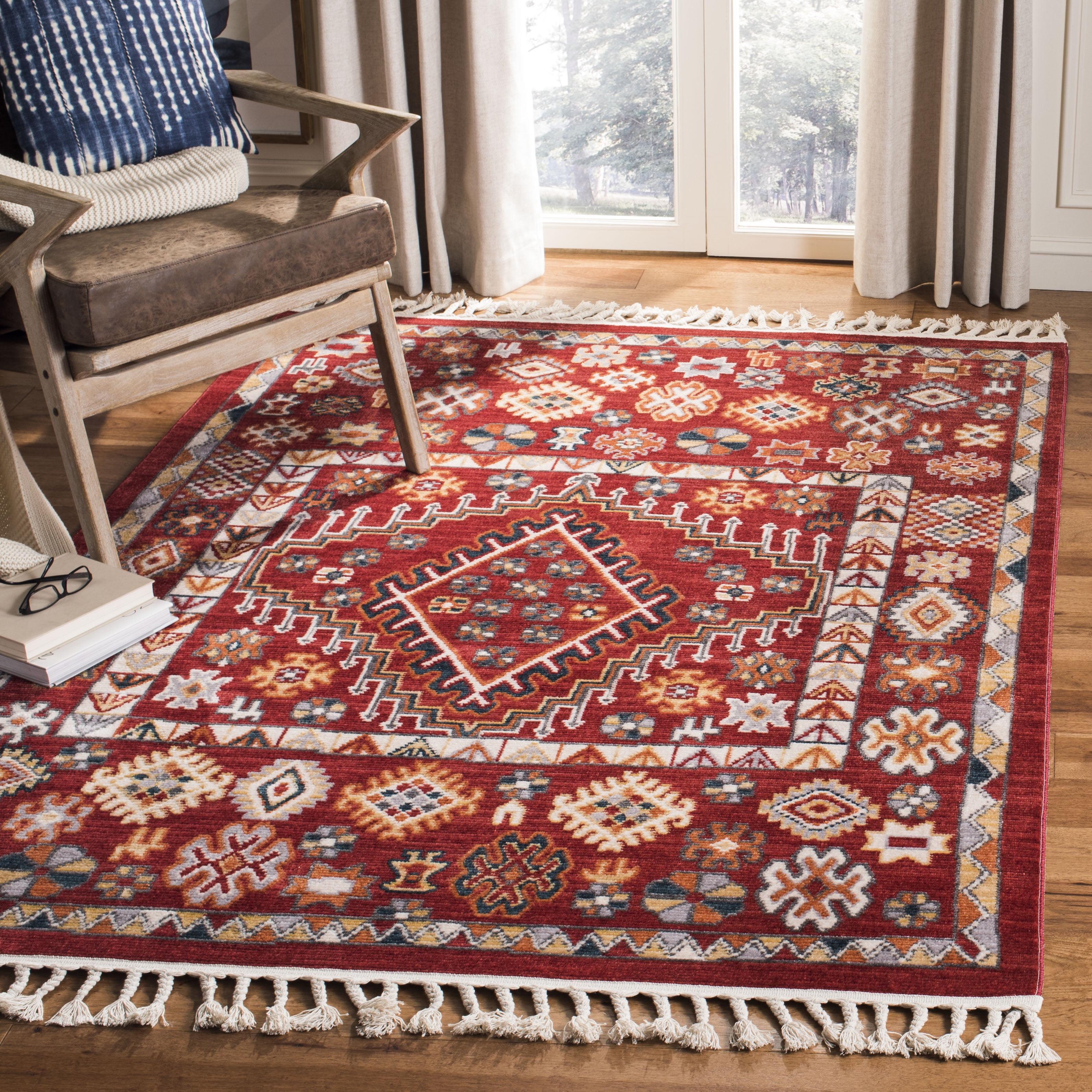 Bohemian Red & Ivory Cotton Blend Medallion Square Rug, 6'3"