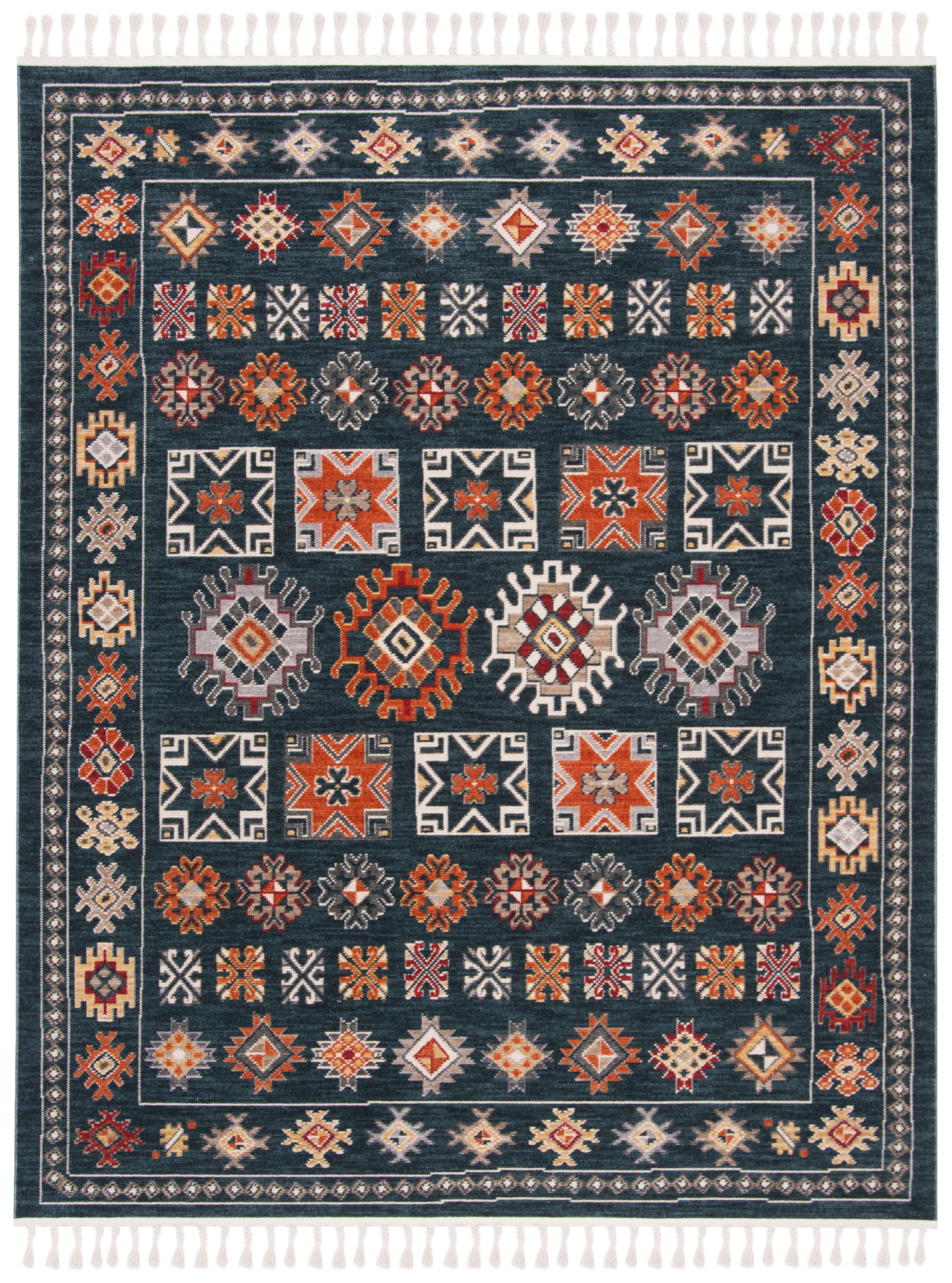 Navy and Orange Medallion Cotton Synthetic 8' x 10' Rug