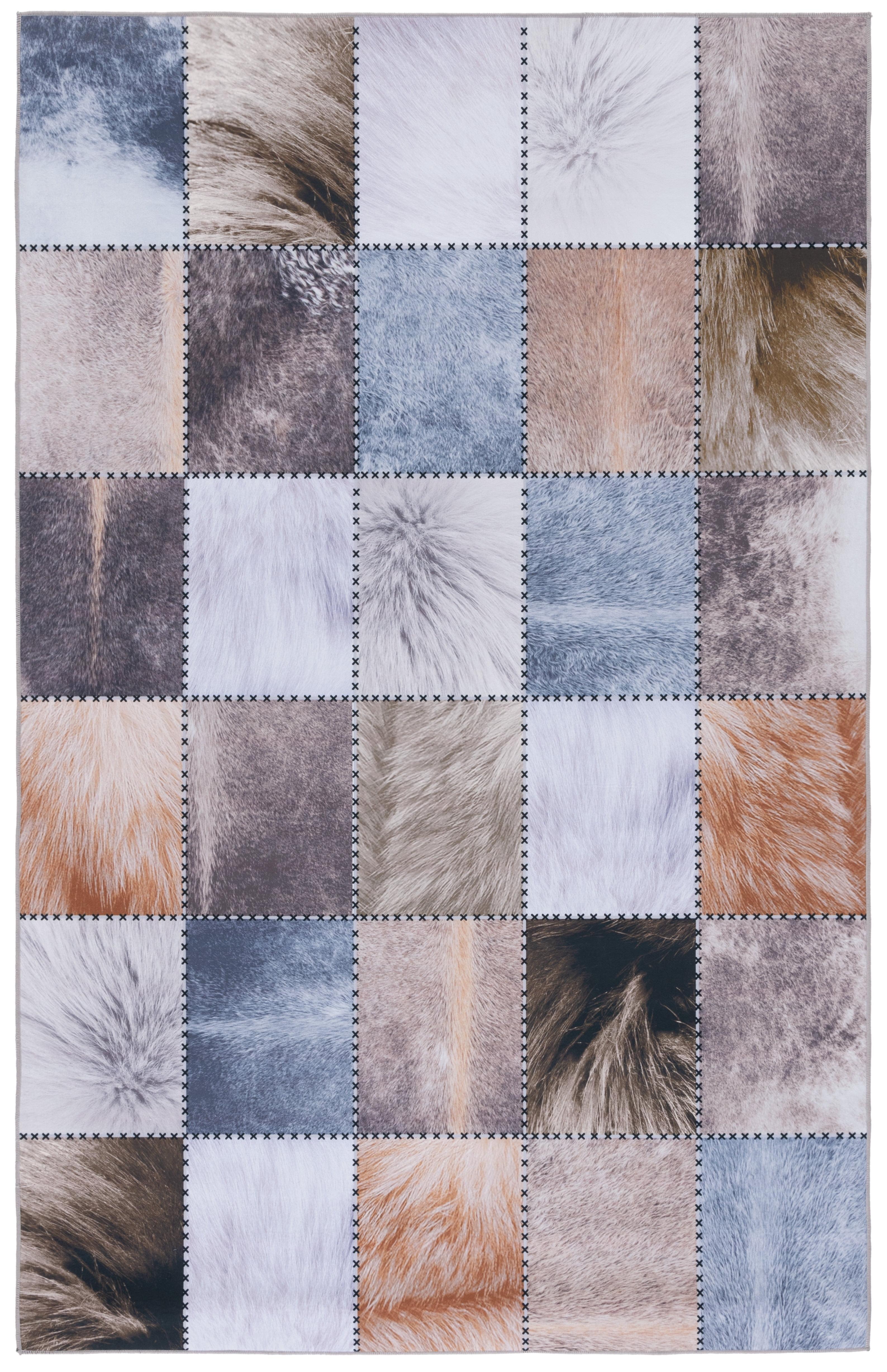 Beige/Brown Washable Synthetic Fur Rectangular Rug