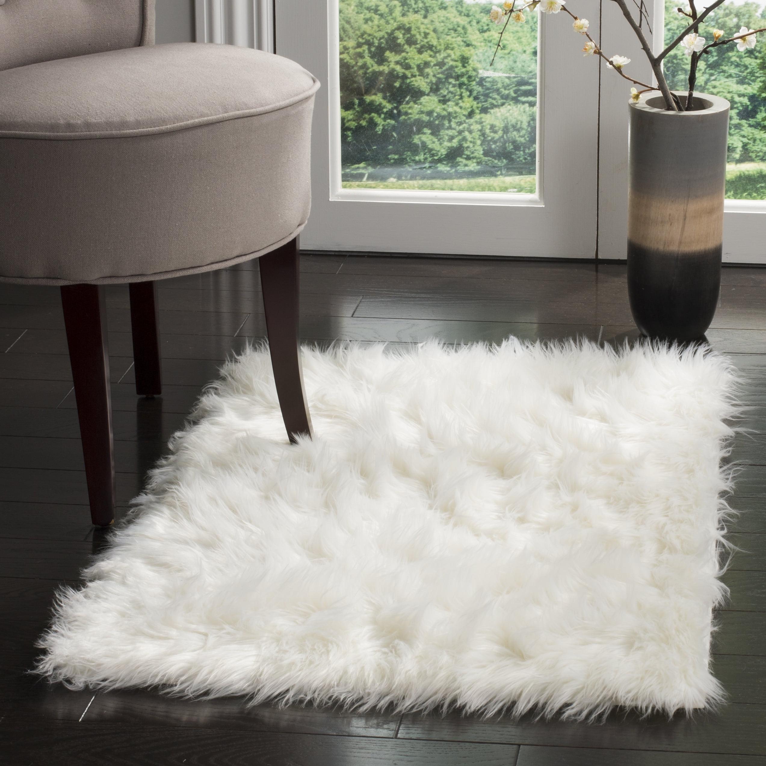 Ivory Faux Sheepskin Hand-Knotted Rectangular Rug