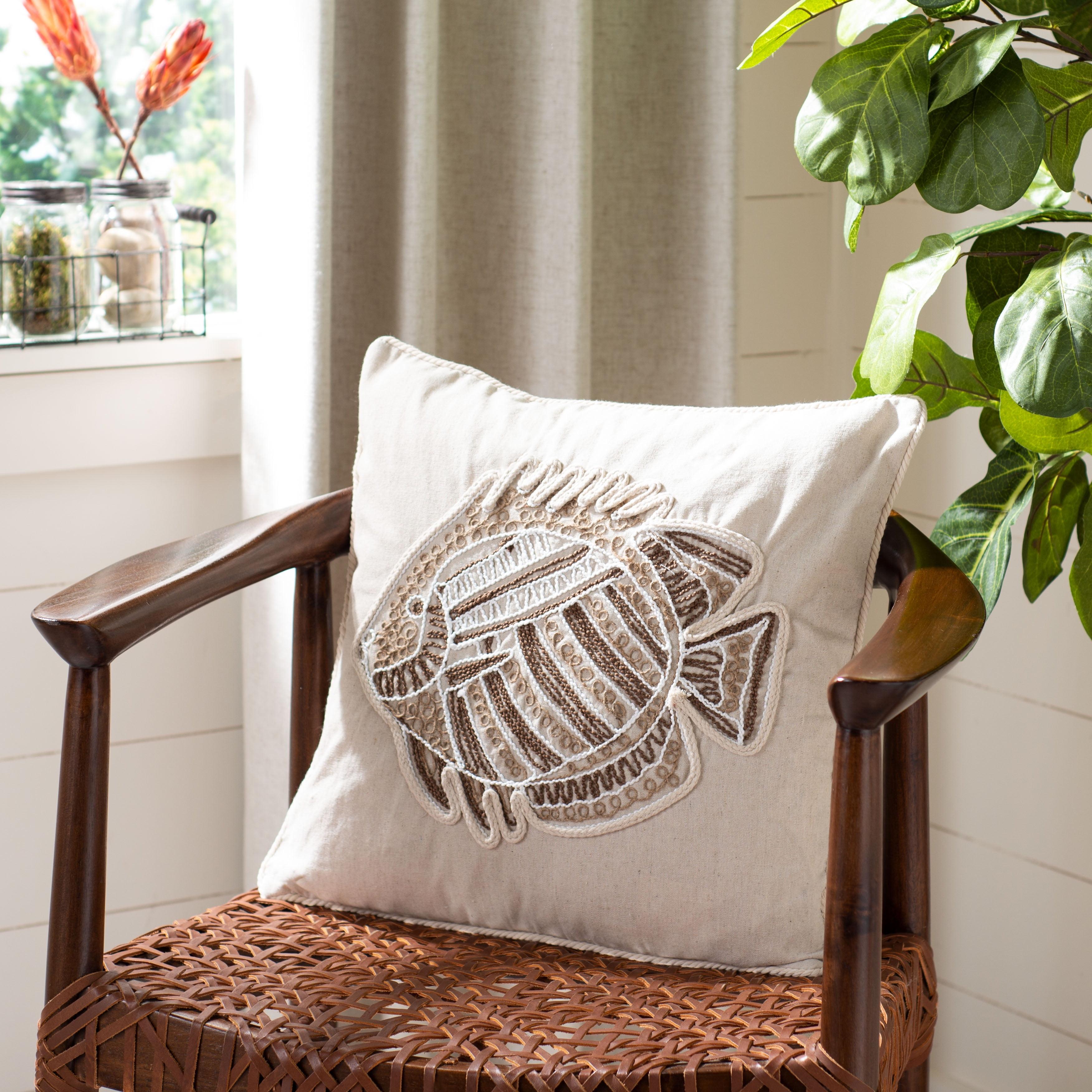 Felina Fish Embroidered Cream Coastal Throw Pillow