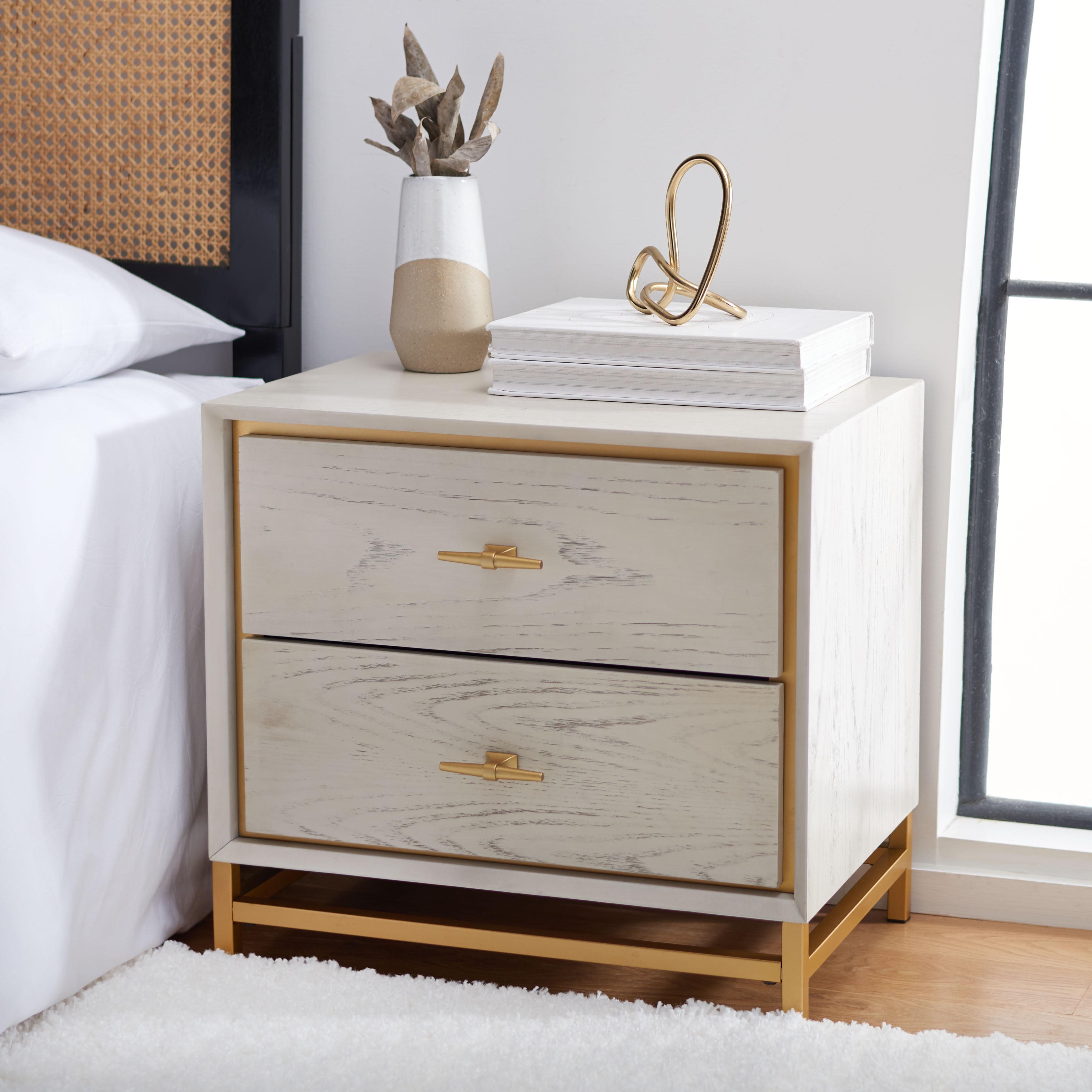 SAFAVIEH Fenno Glam 2 Drawer Nightstand, White Washed/Brass