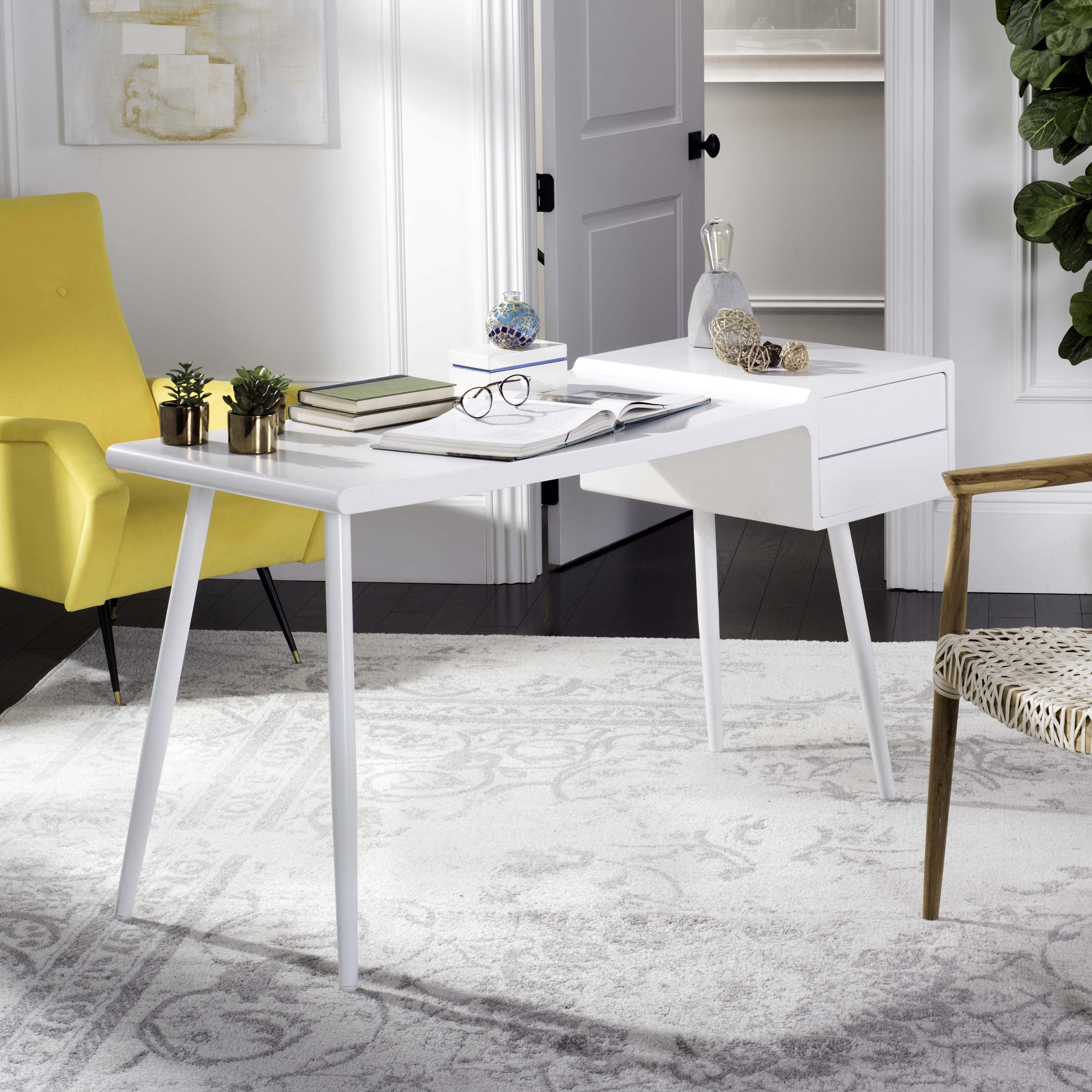 White Wood Mid-Century Modern Writing Desk with Drawers