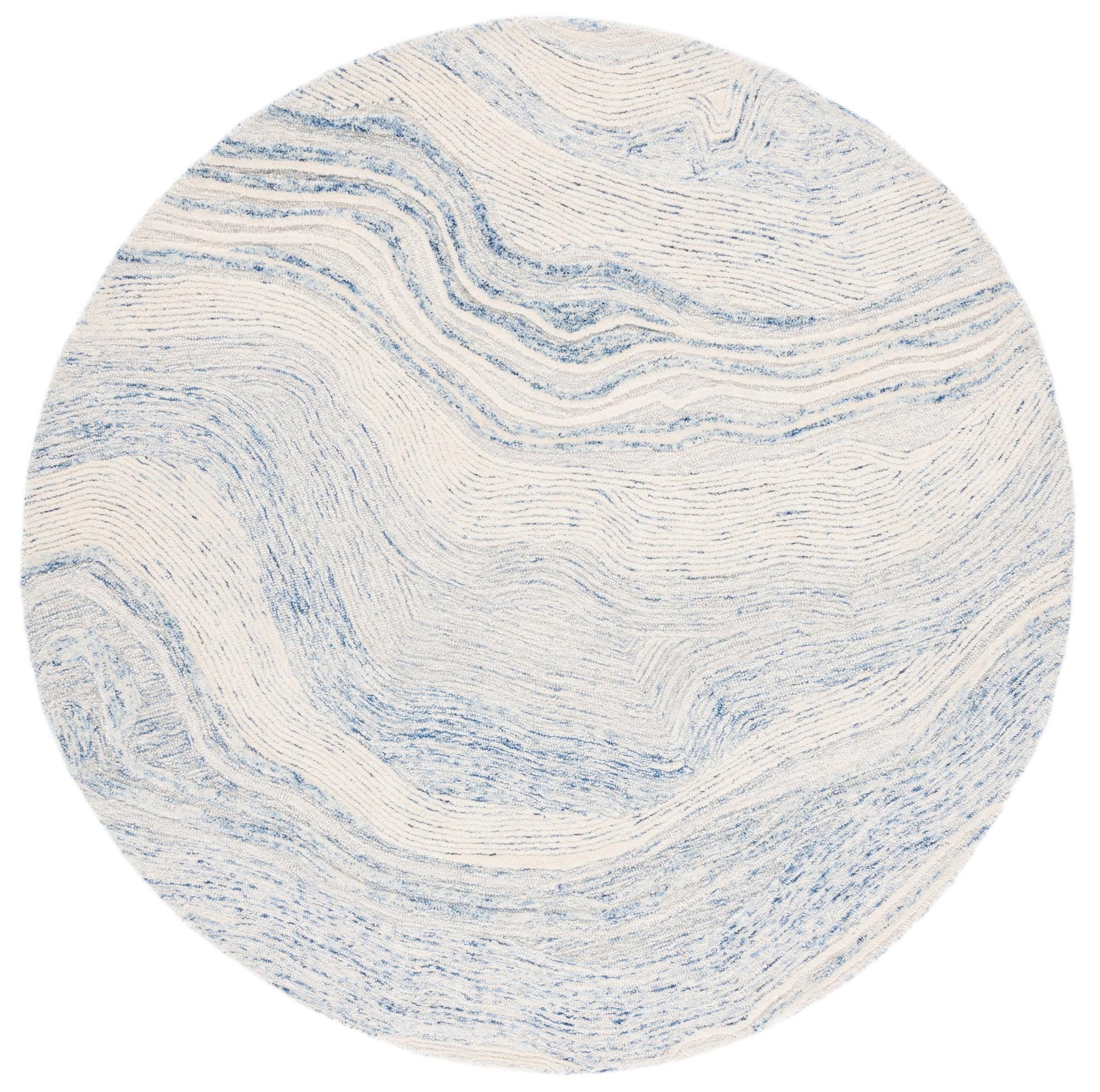 Round Blue and Ivory Tufted Wool Area Rug