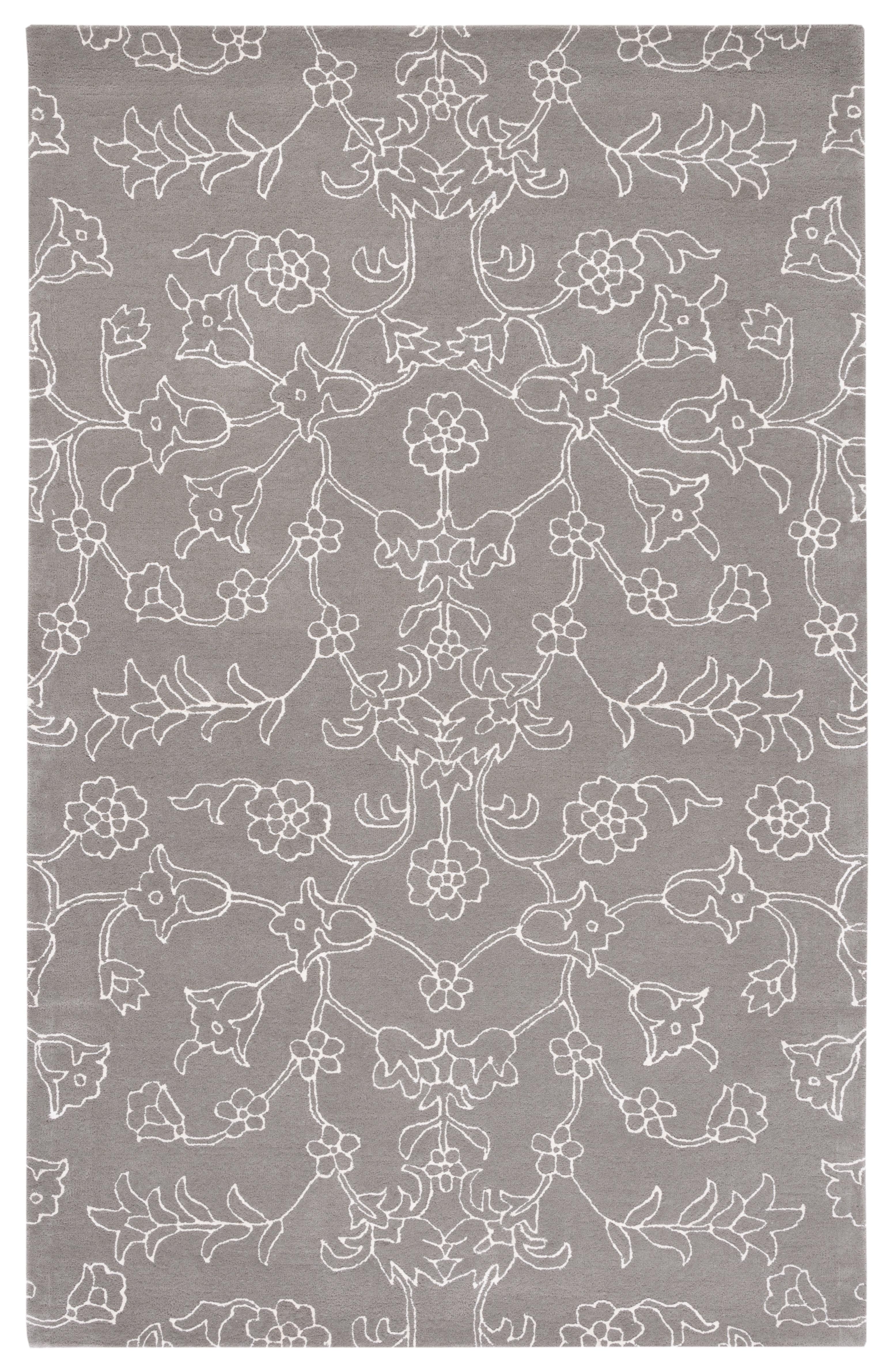 Ivory and Dark Grey Floral Wool 3' x 5' Area Rug