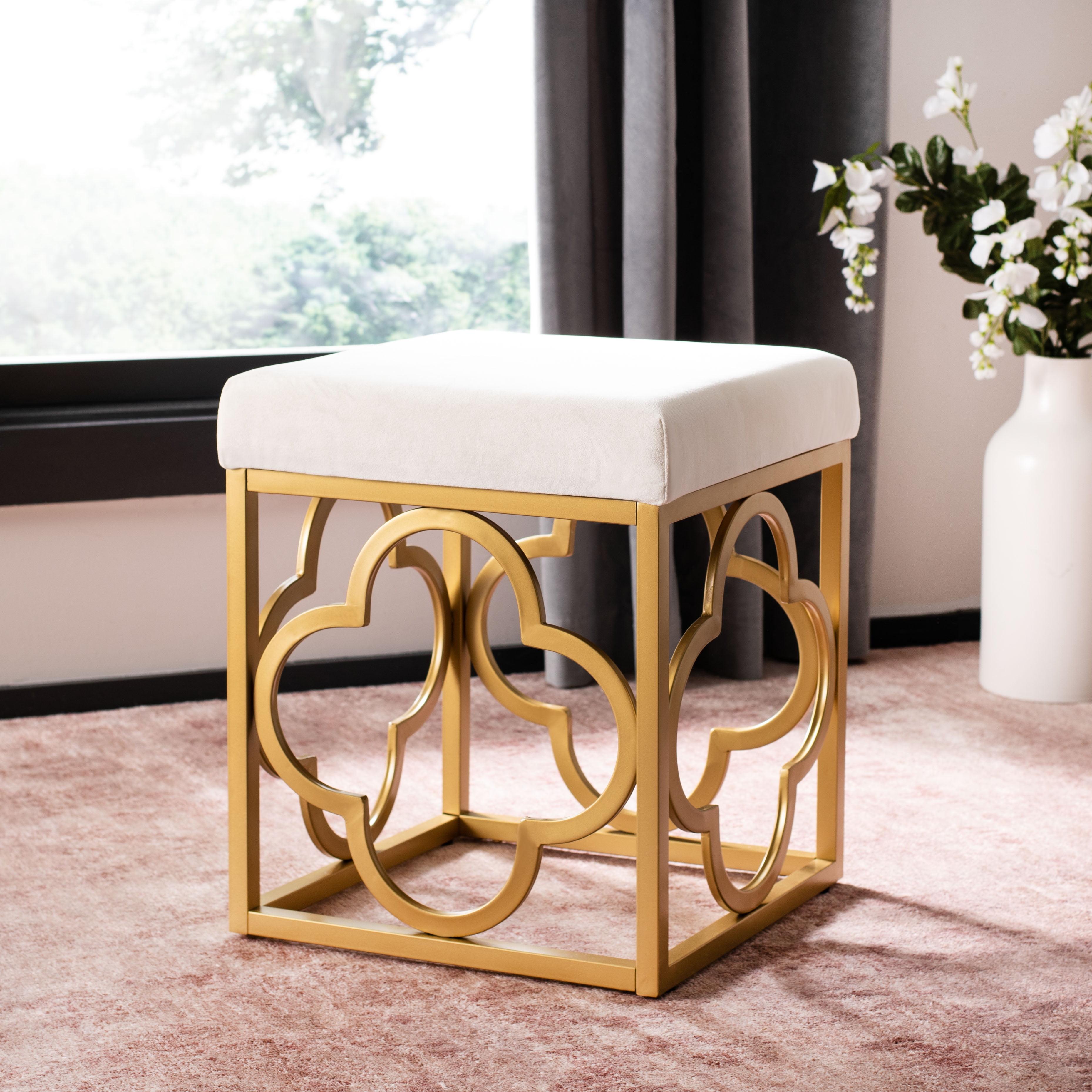 Elegant Transitional 17" White and Gold Velvet Square Ottoman