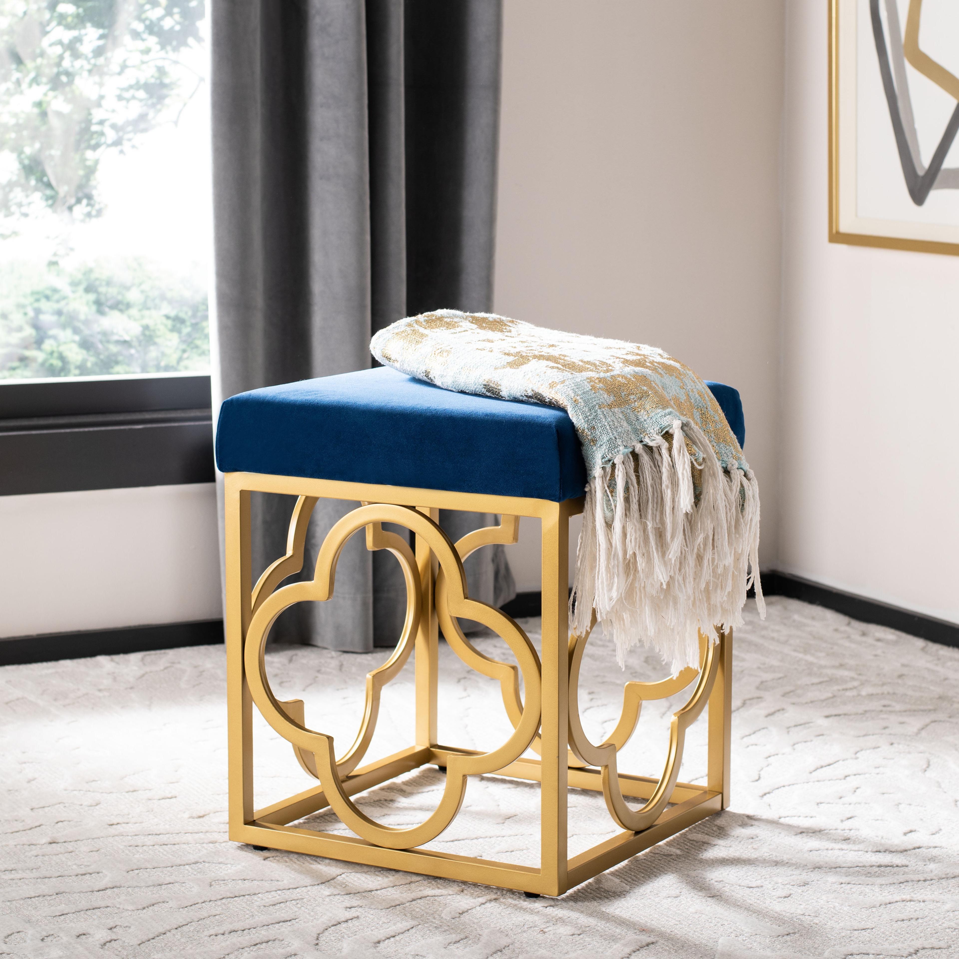 Elegant Navy Velvet Square Ottoman with Gold Quatrefoil Base