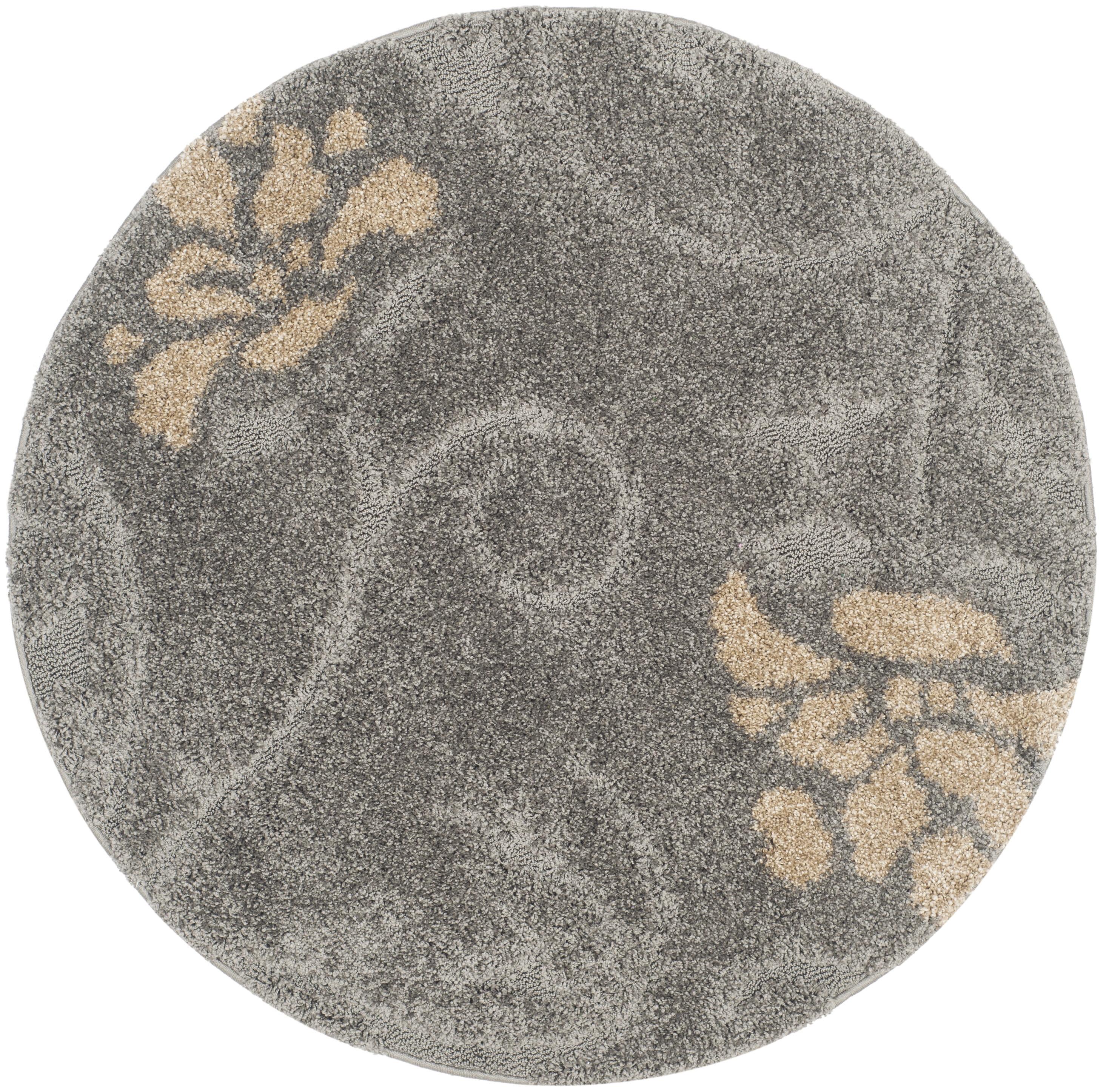 Elegant Floral Shag 4' Round Gray and Beige Synthetic Rug