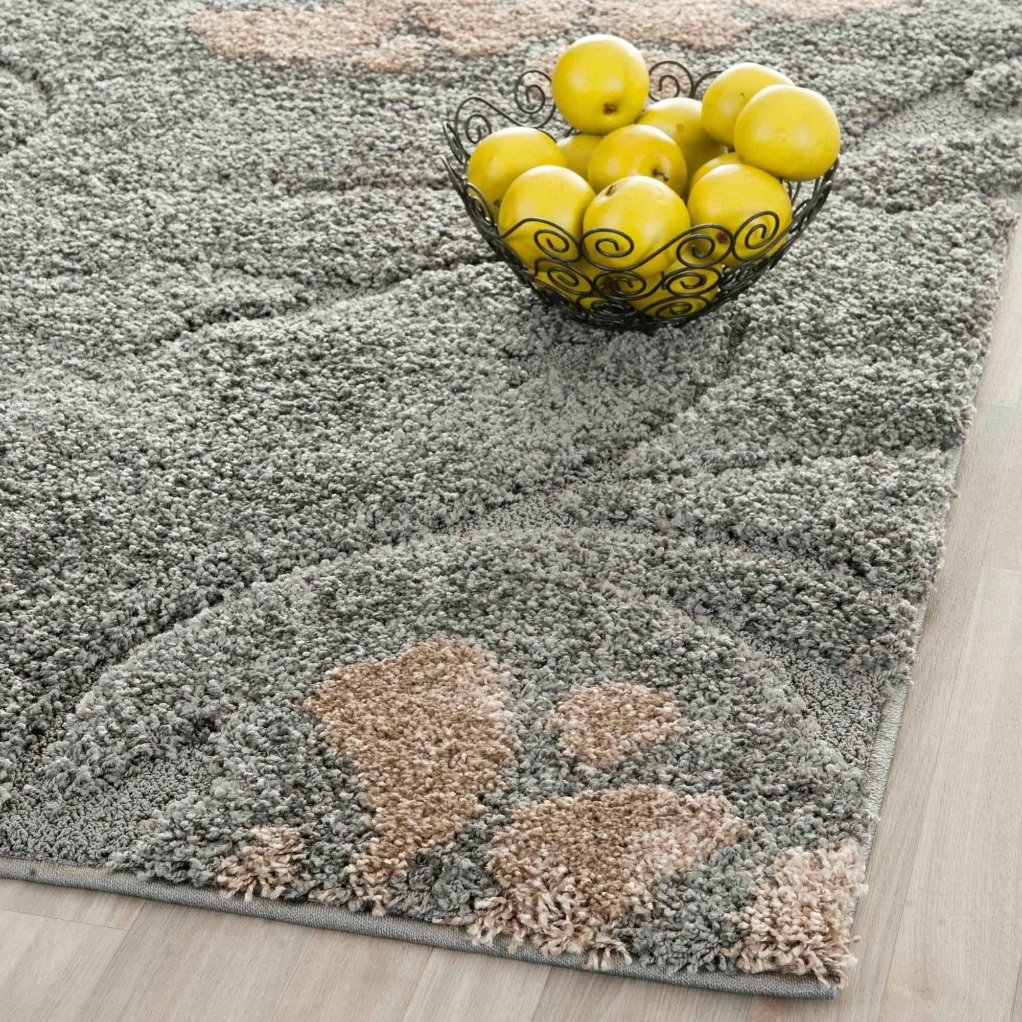 Elegant Grey Beige Floral Synthetic Shag Rug, 5'3" x 7'6"