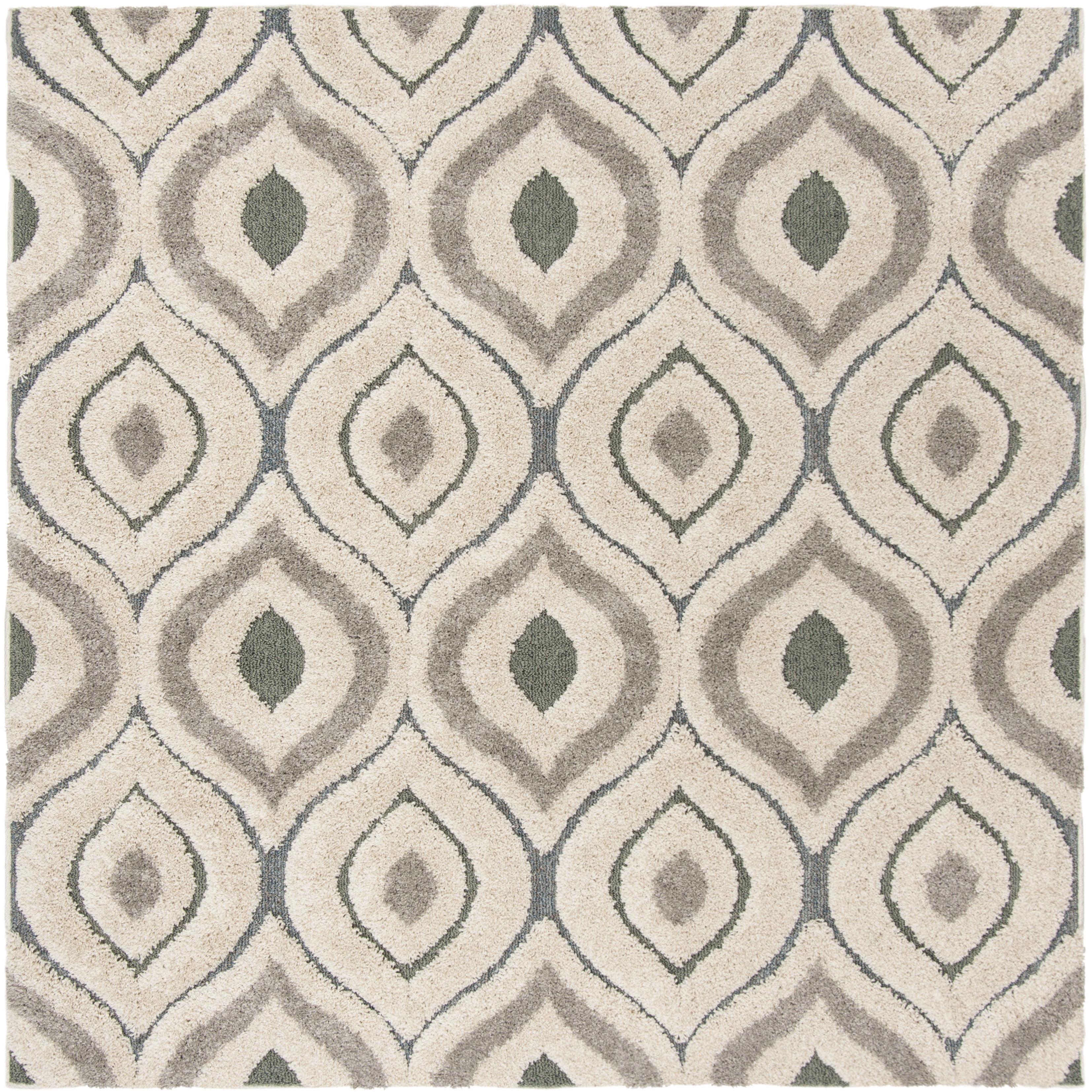 Cream and Light Blue Geometric Shag 4' x 4' Square Rug