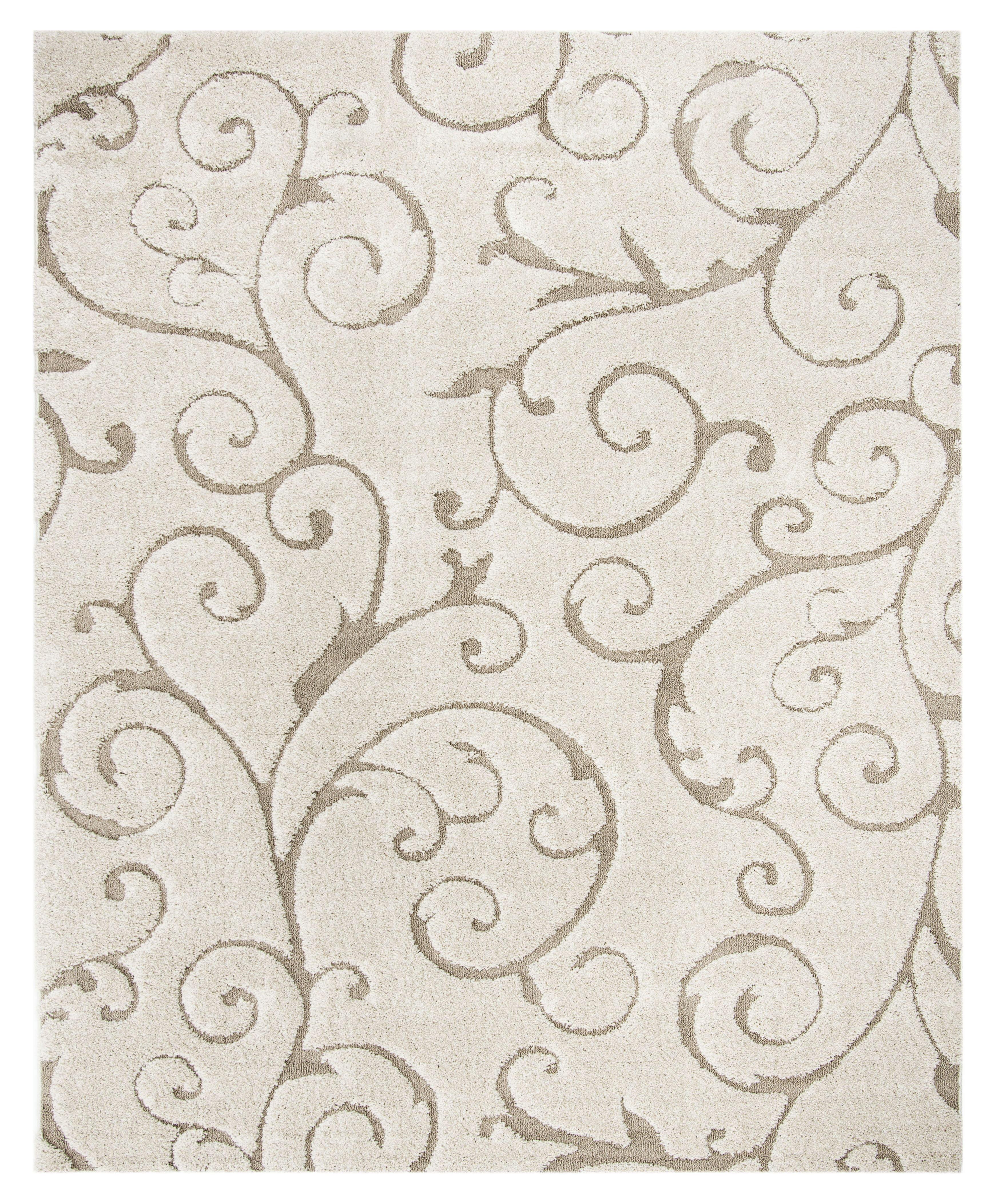 Cream and Beige Rectangular Hand-Knotted Shag Rug