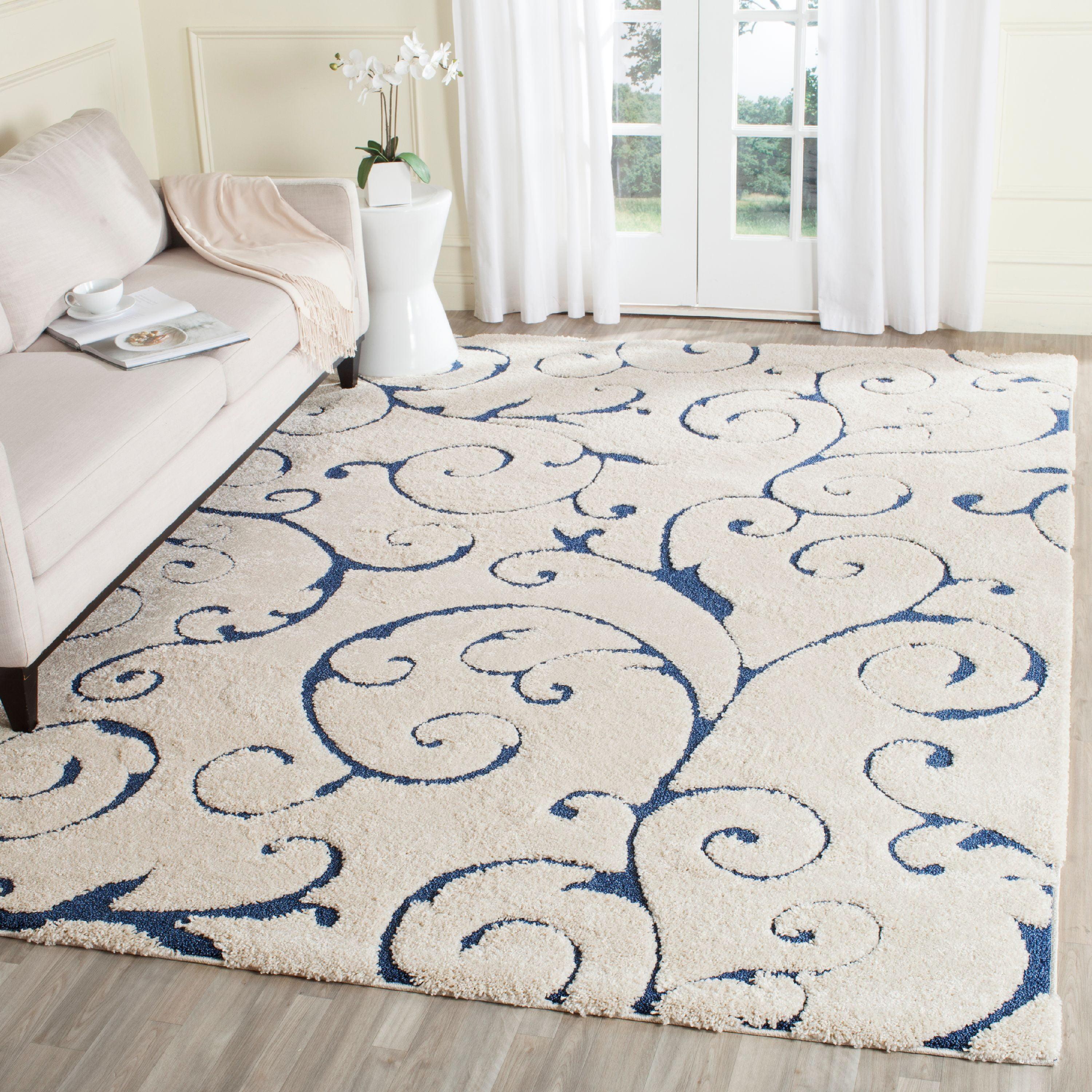 Cream and Blue Rectangular Synthetic Shag Area Rug