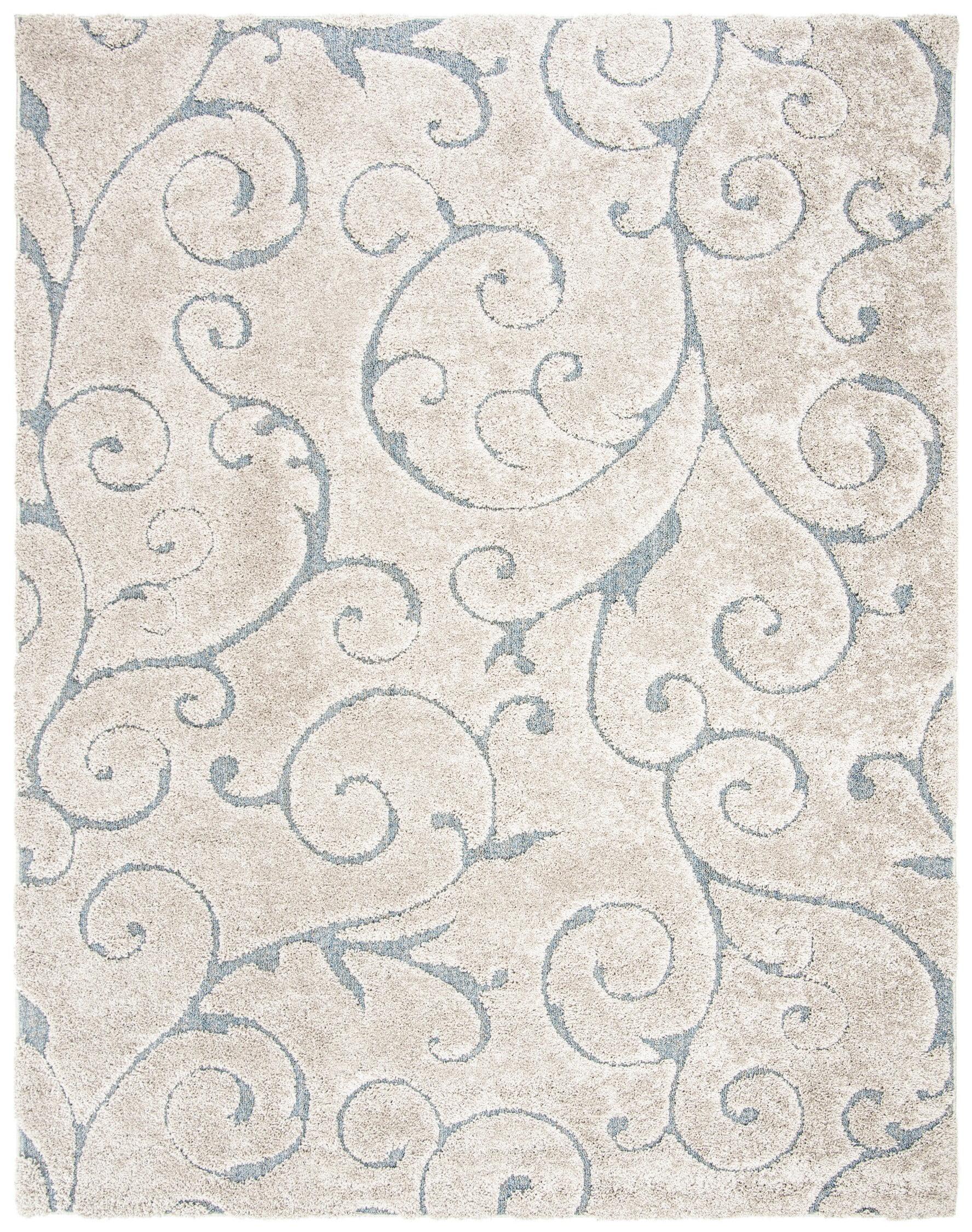 Luxurious Cream & Dark Blue Floral Shag Rug, 11' x 15', Synthetic