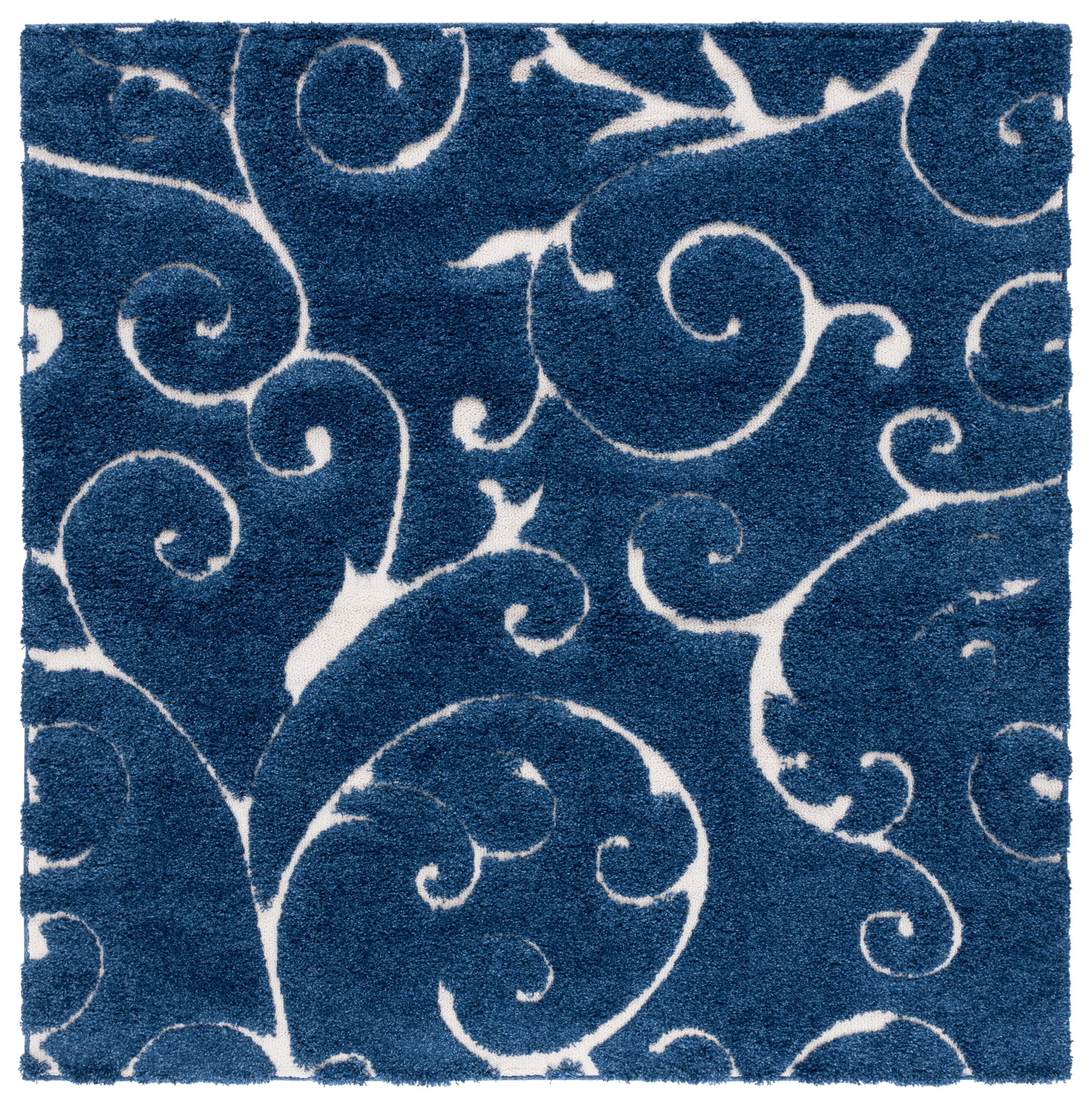 SAFAVIEH Florida Doug Floral Vines Shag Area Rug, Dark Blue/Cream, 11' x 11' Square