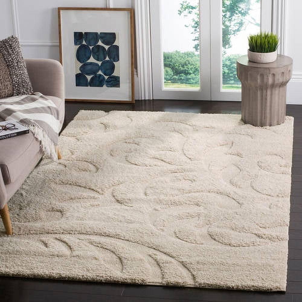 Cream Floral Shag Area Rug with Synthetic Fibers