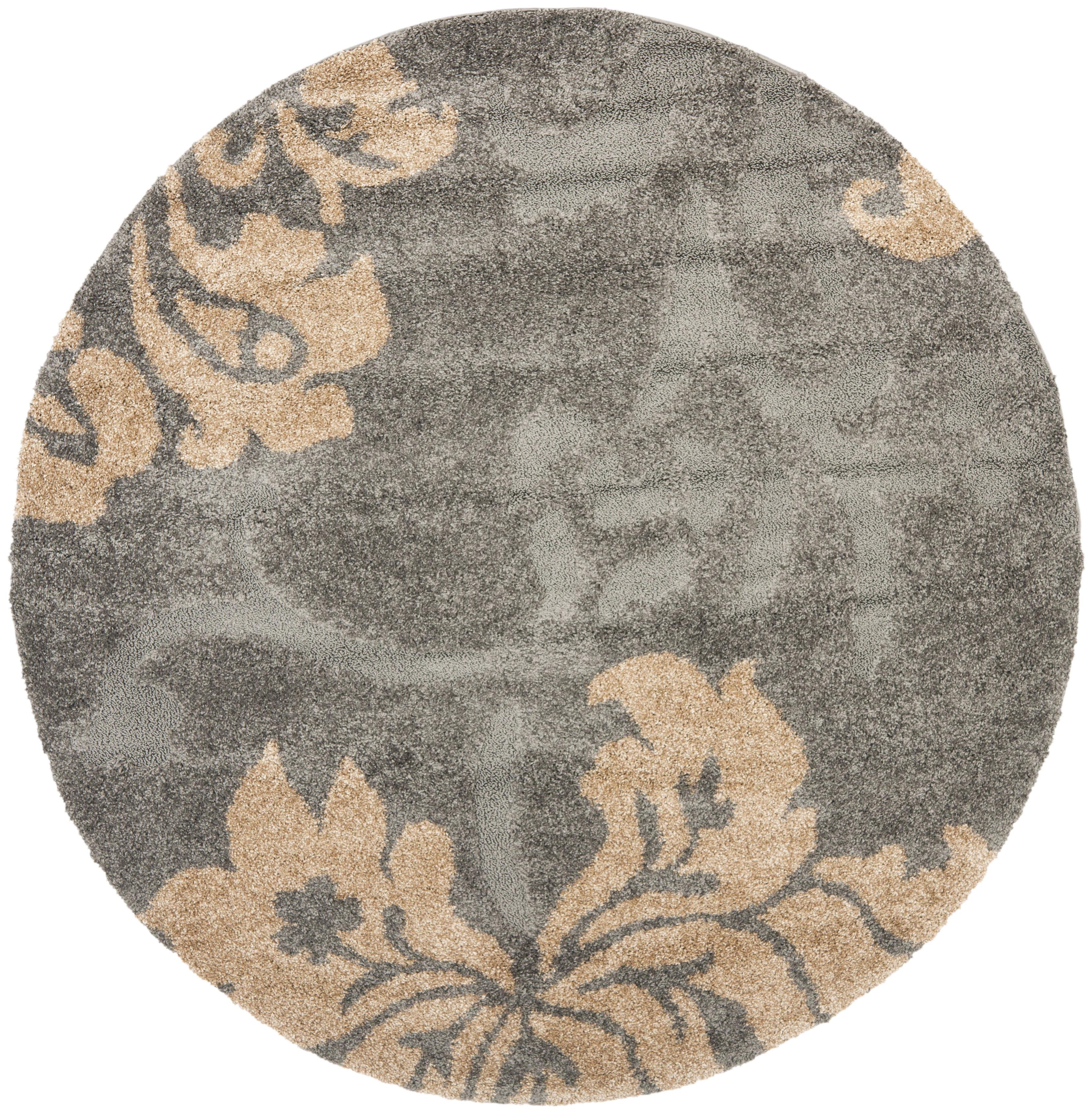 Grey and Beige Round Floral Shag Area Rug