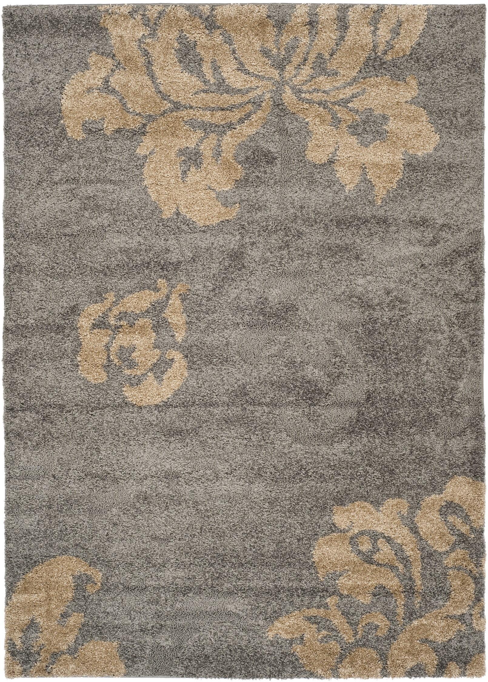 59" Grey and Beige Floral Shag Area Rug