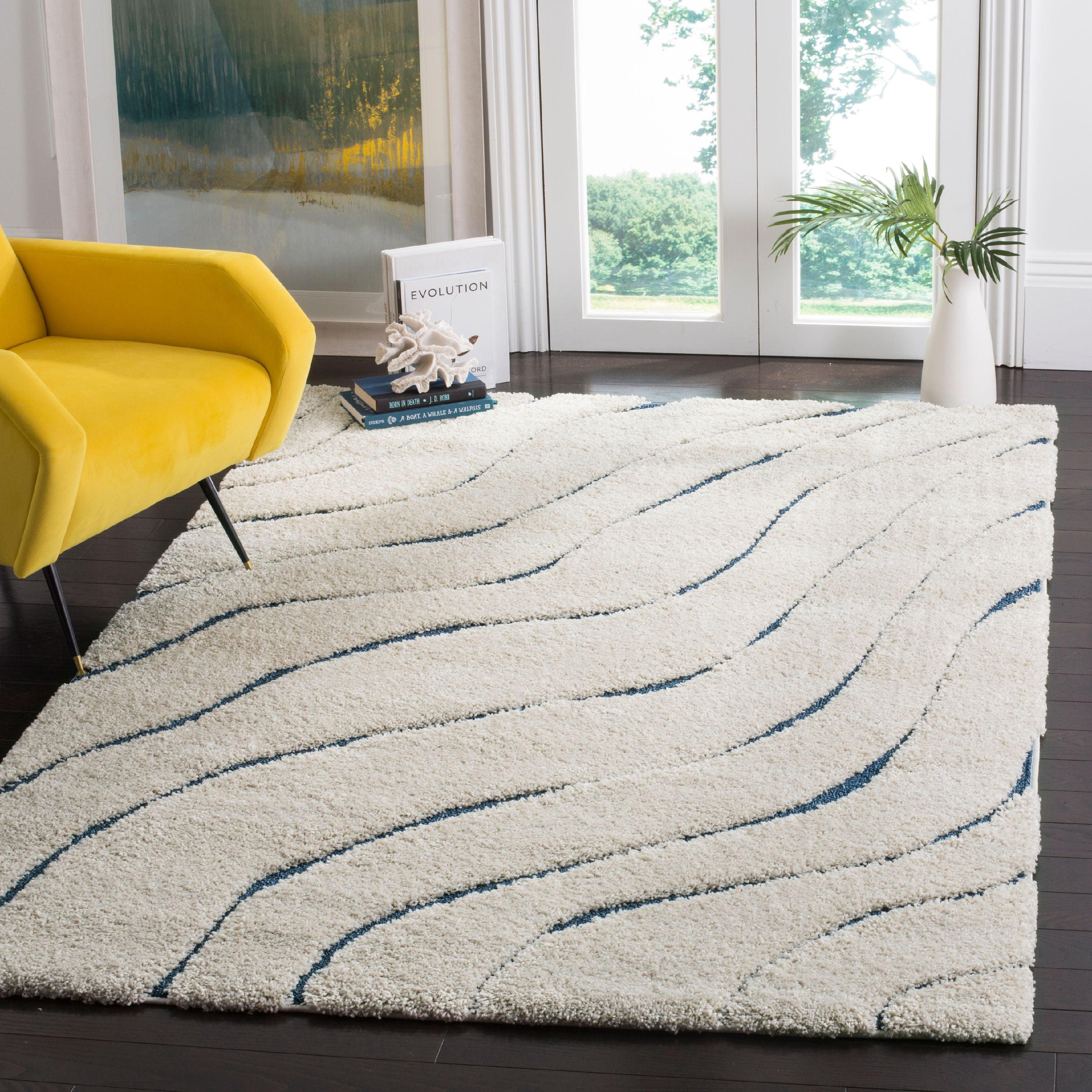 Cream and Blue Abstract Tufted Shag Area Rug